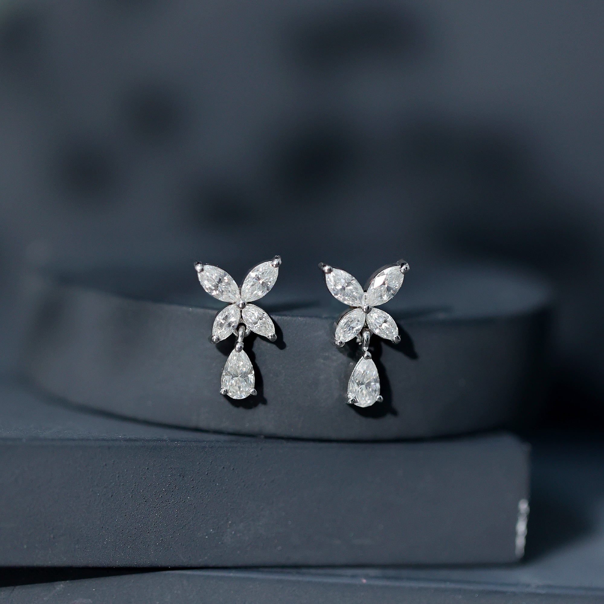 Marquise and Pear Cut Moissanite Flower Drop Earrings D-VS1 - Rosec Jewels