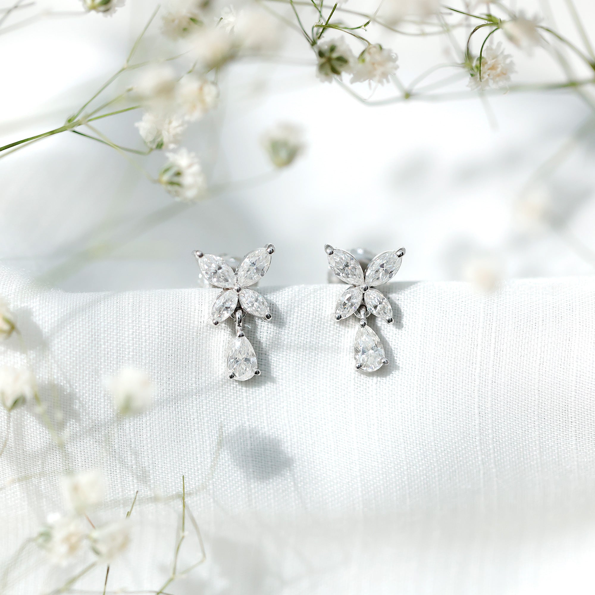 Marquise and Pear Cut Moissanite Flower Drop Earrings D-VS1 - Rosec Jewels