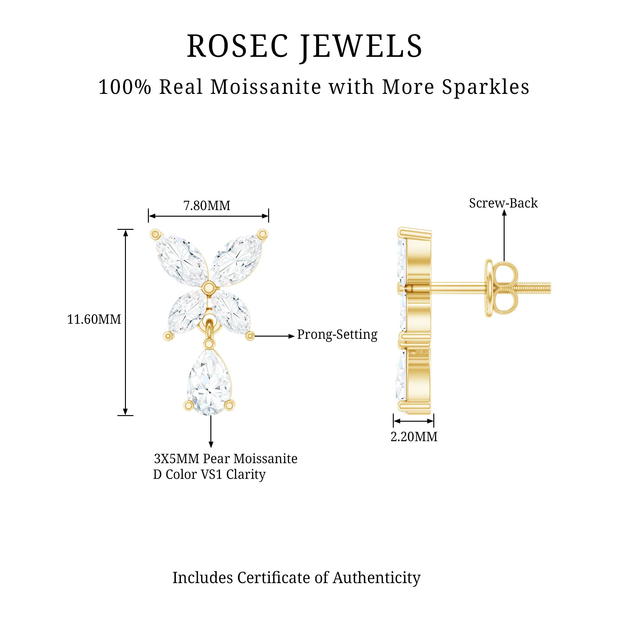 Marquise and Pear Cut Moissanite Flower Drop Earrings D-VS1 - Rosec Jewels
