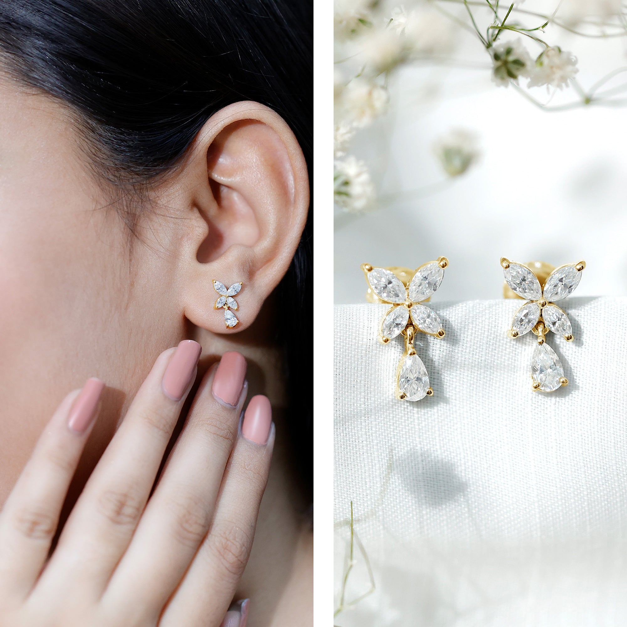 Marquise and Pear Cut Moissanite Flower Drop Earrings D-VS1 - Rosec Jewels