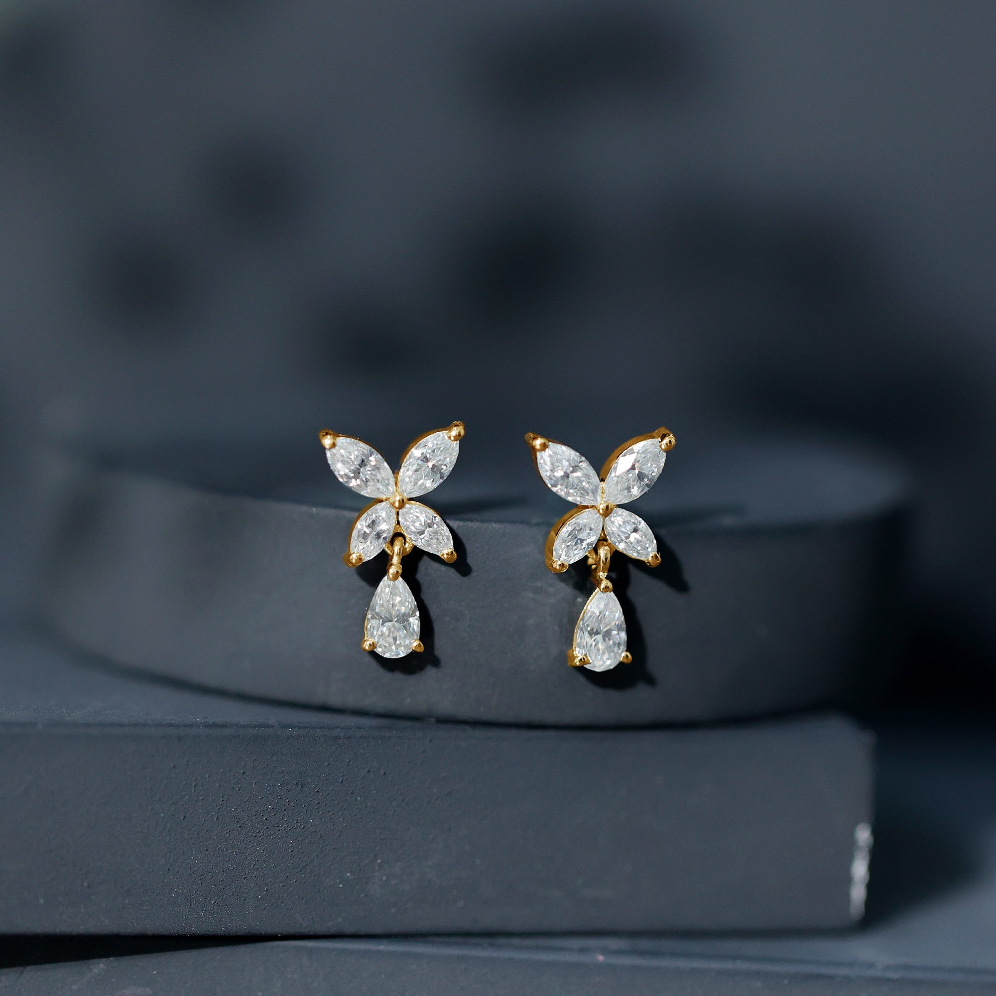 Marquise and Pear Cut Moissanite Flower Drop Earrings D-VS1 - Rosec Jewels