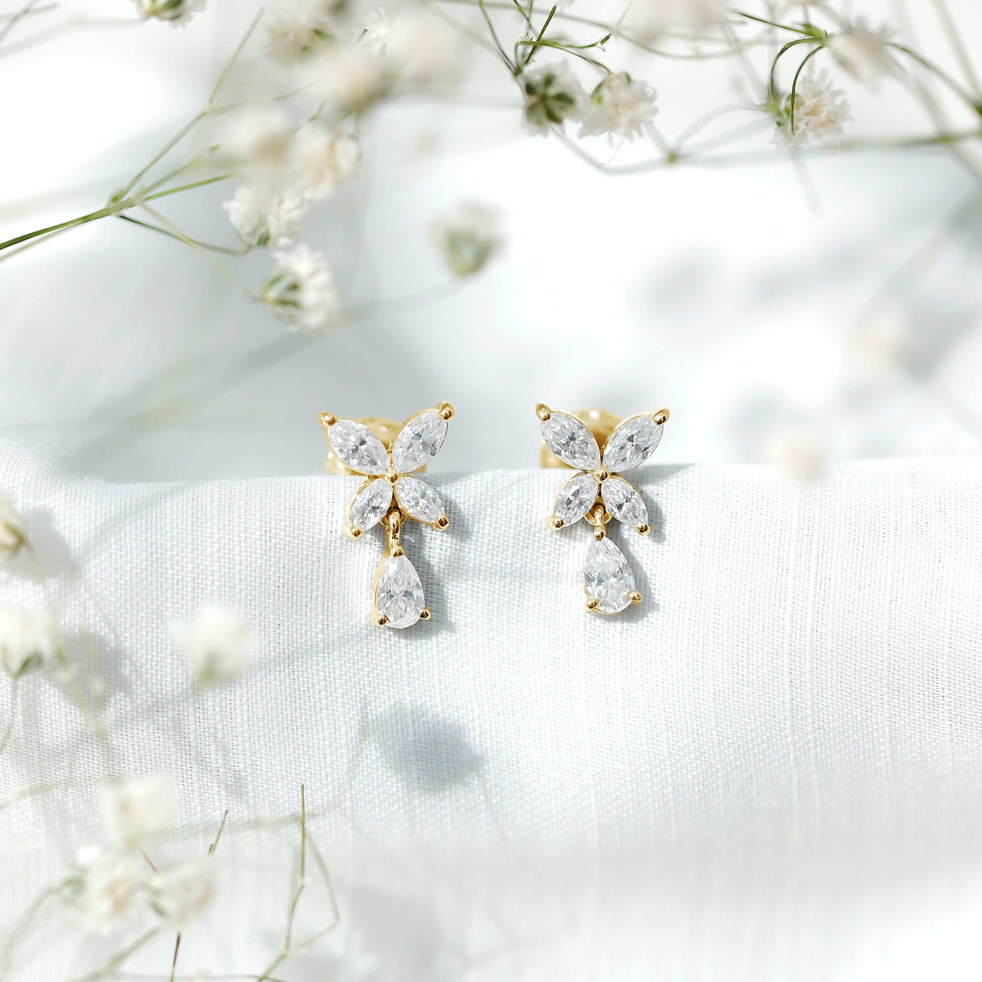 Marquise and Pear Cut Moissanite Flower Drop Earrings D-VS1 - Rosec Jewels