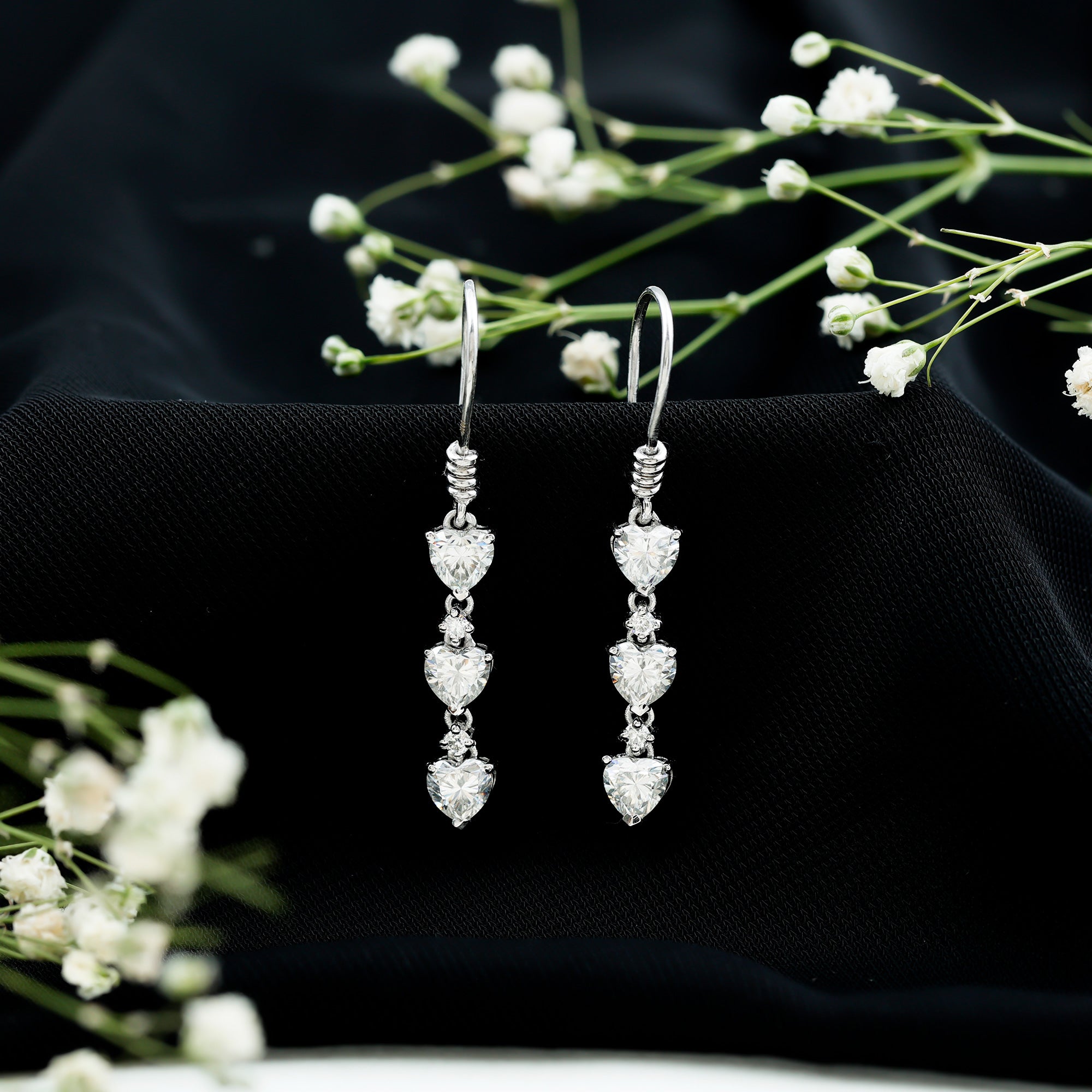 Heart and Round Shape Moissanite Dangle Earrings D-VS1 - Rosec Jewels
