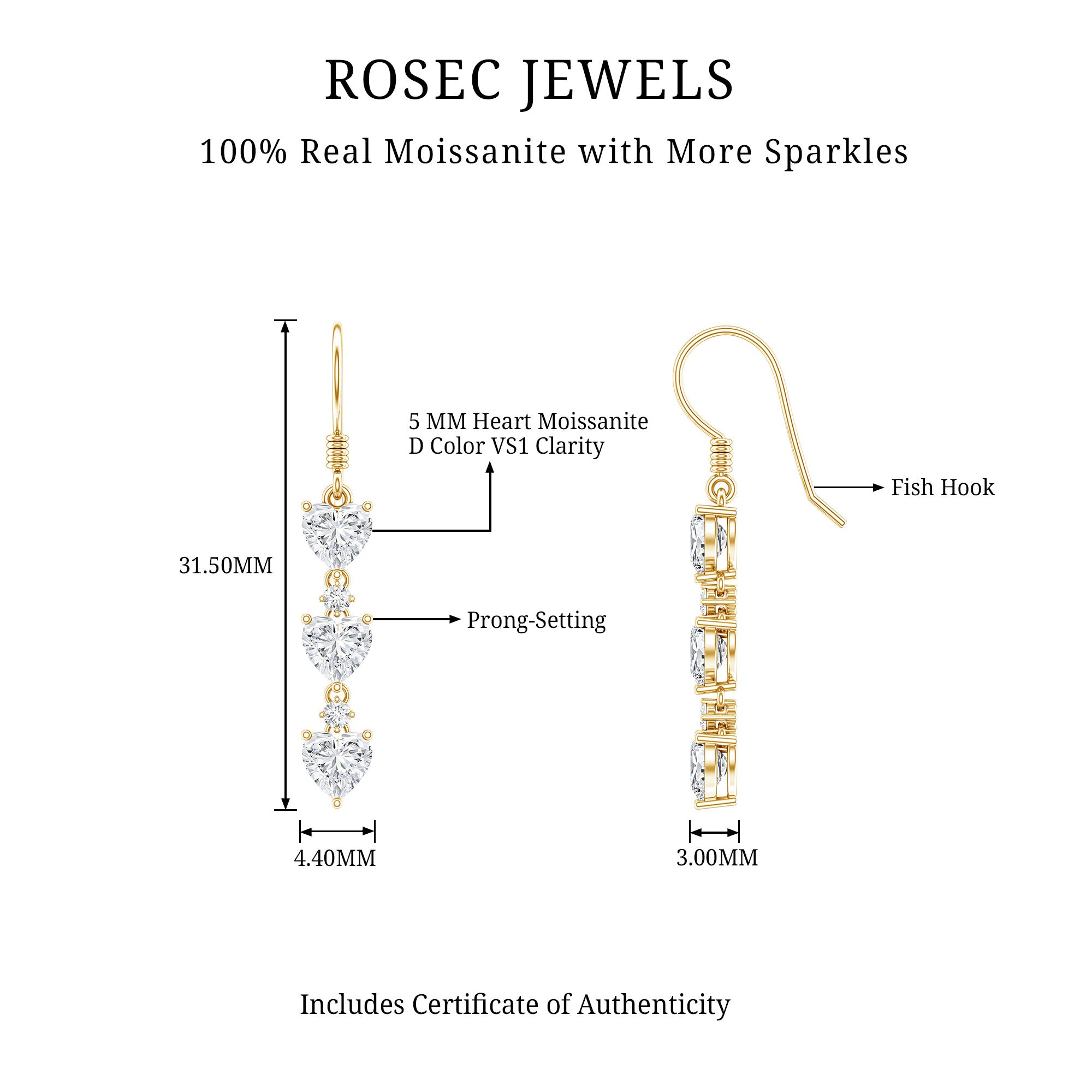 Heart and Round Shape Moissanite Dangle Earrings D-VS1 - Rosec Jewels