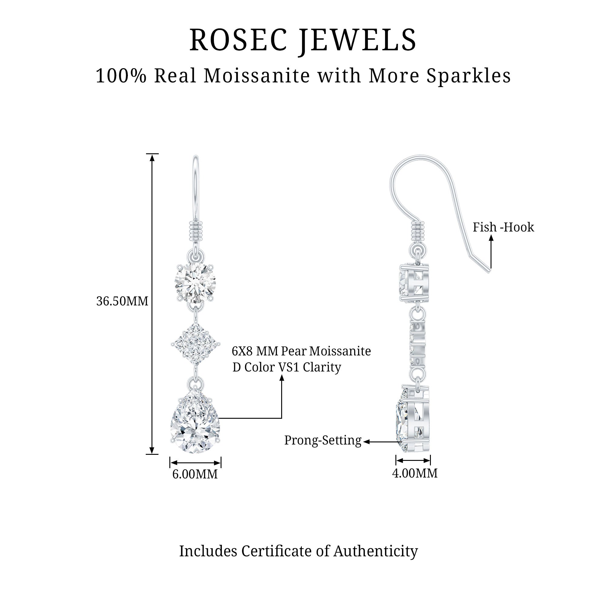 Certified Moissanite Bridal Dangle Earrings with Fish Hook D-VS1 - Rosec Jewels