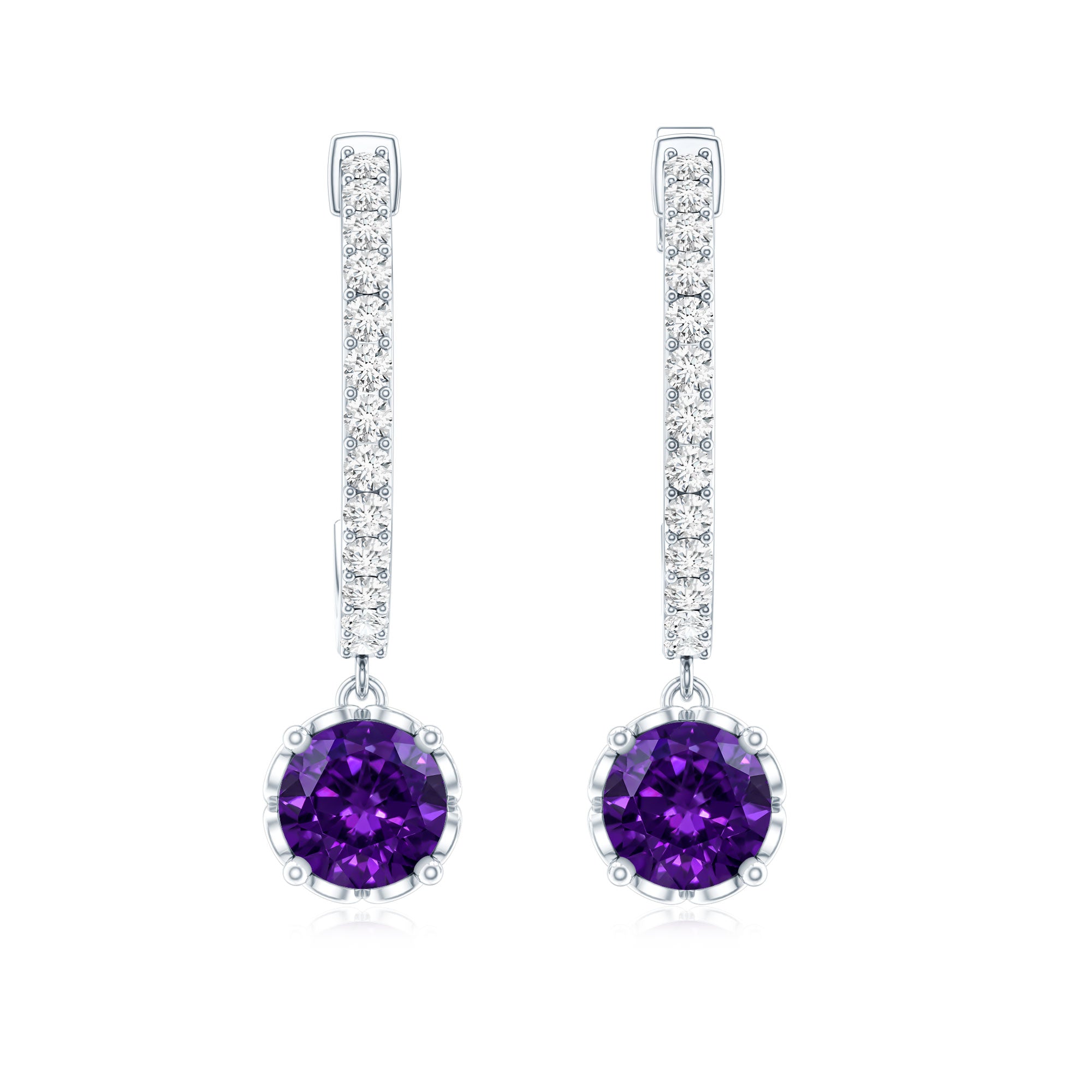 Natural Amethyst Hoop Drop Earrings with Diamond AAA - Rosec Jewels