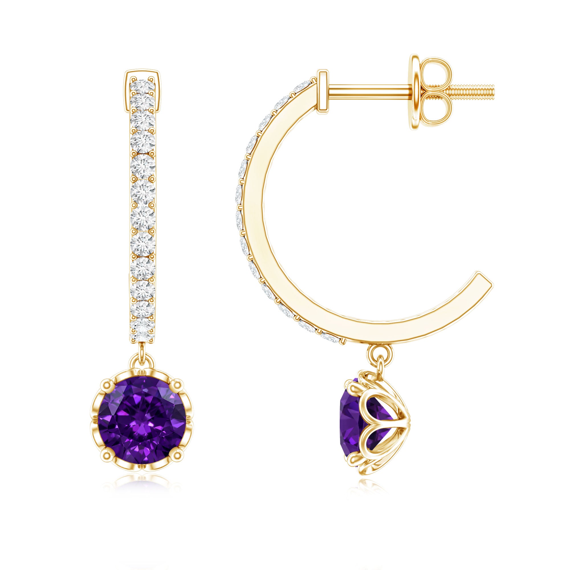 Natural Amethyst Hoop Drop Earrings with Diamond AAA - Rosec Jewels
