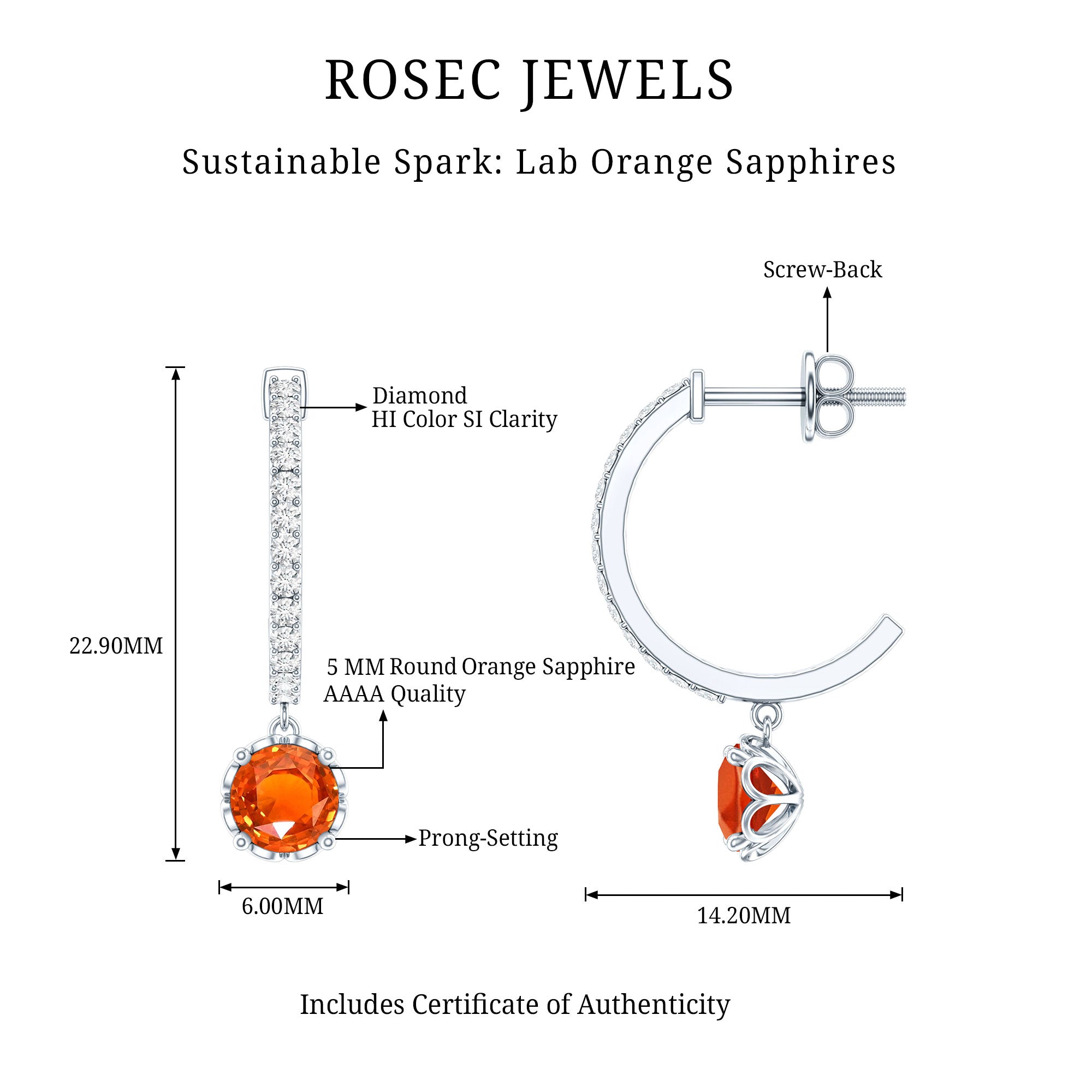 Lab Created Orange Sapphire and Diamond Hoop Drop Earrings AAAA - Rosec Jewels