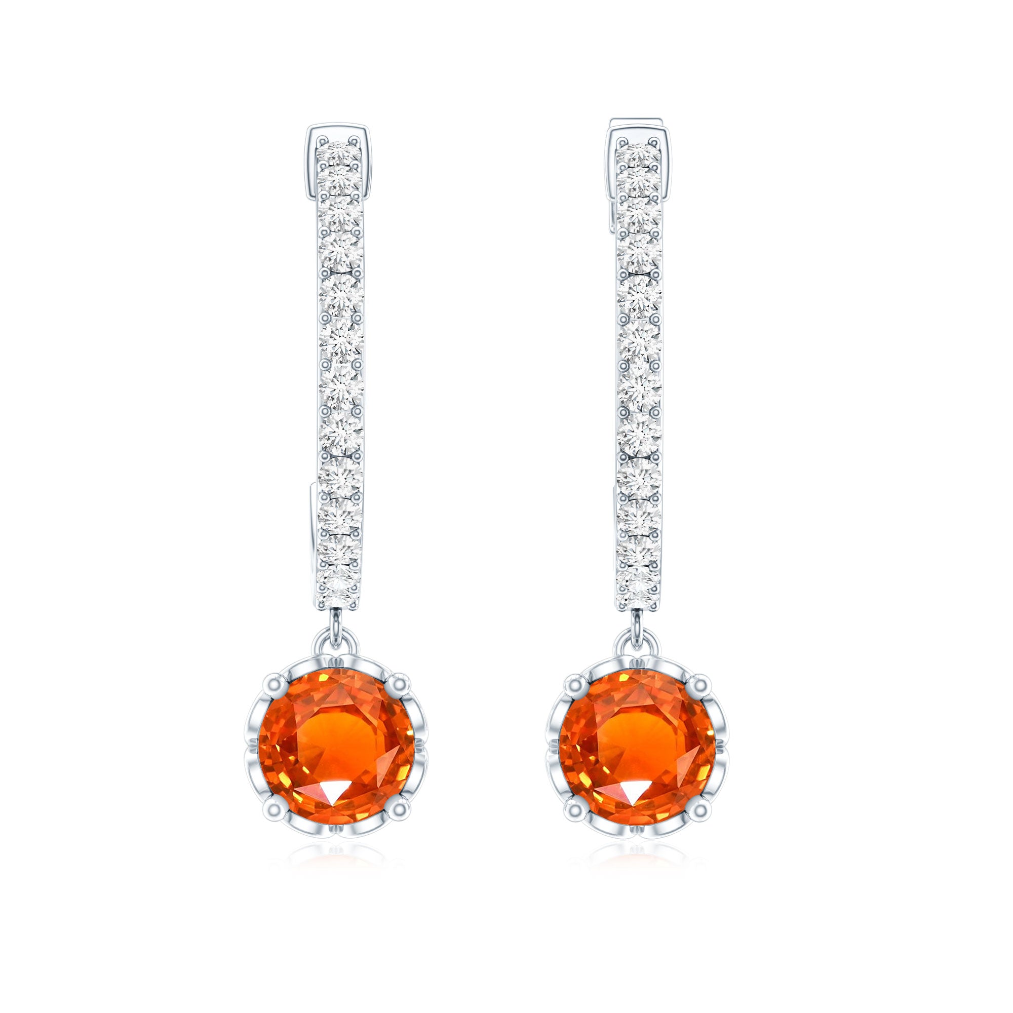 Lab Created Orange Sapphire and Diamond Hoop Drop Earrings AAAA - Rosec Jewels