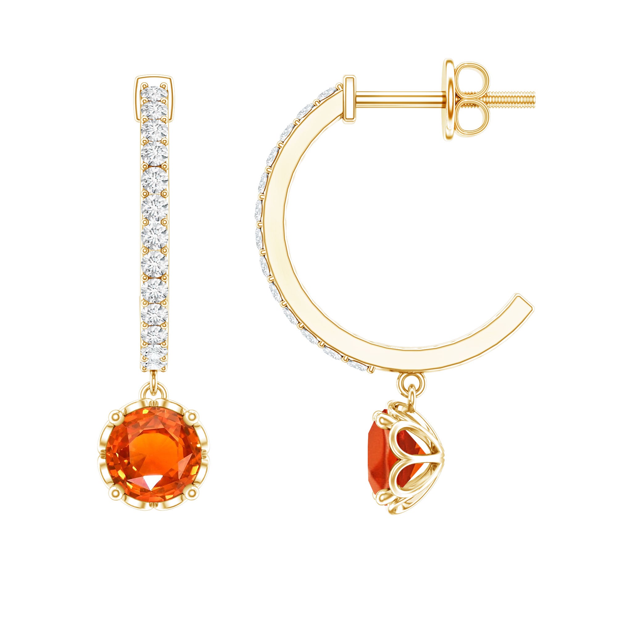 Lab Created Orange Sapphire and Diamond Hoop Drop Earrings AAAA - Rosec Jewels