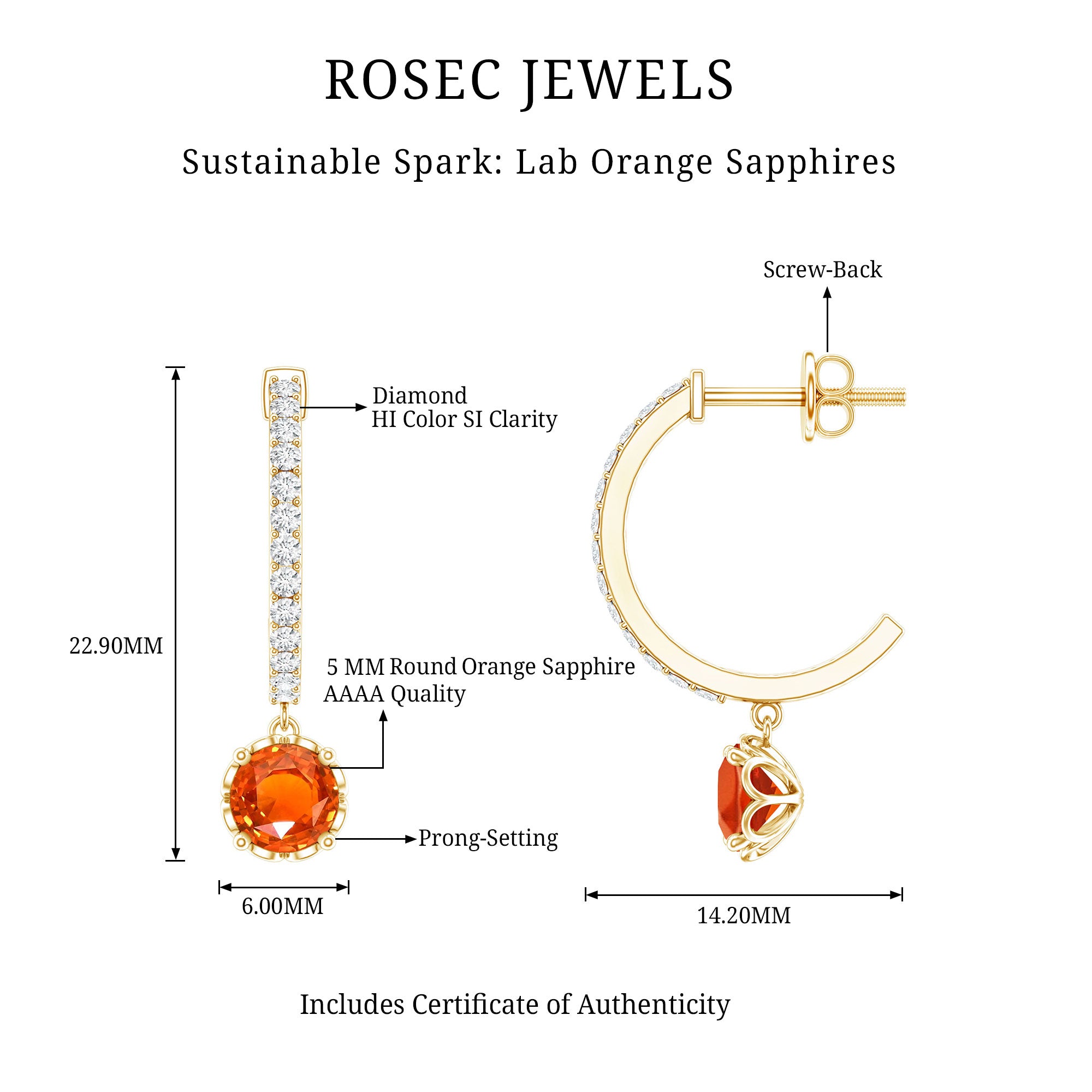 Lab Created Orange Sapphire and Diamond Hoop Drop Earrings AAAA - Rosec Jewels