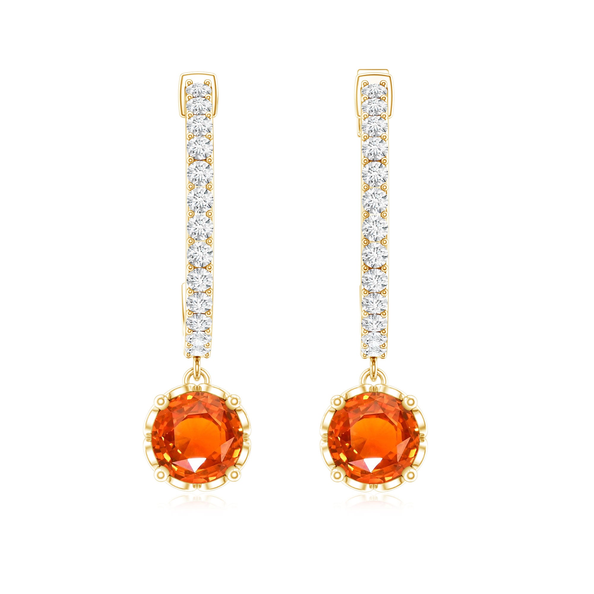 Lab Created Orange Sapphire and Diamond Hoop Drop Earrings AAAA - Rosec Jewels
