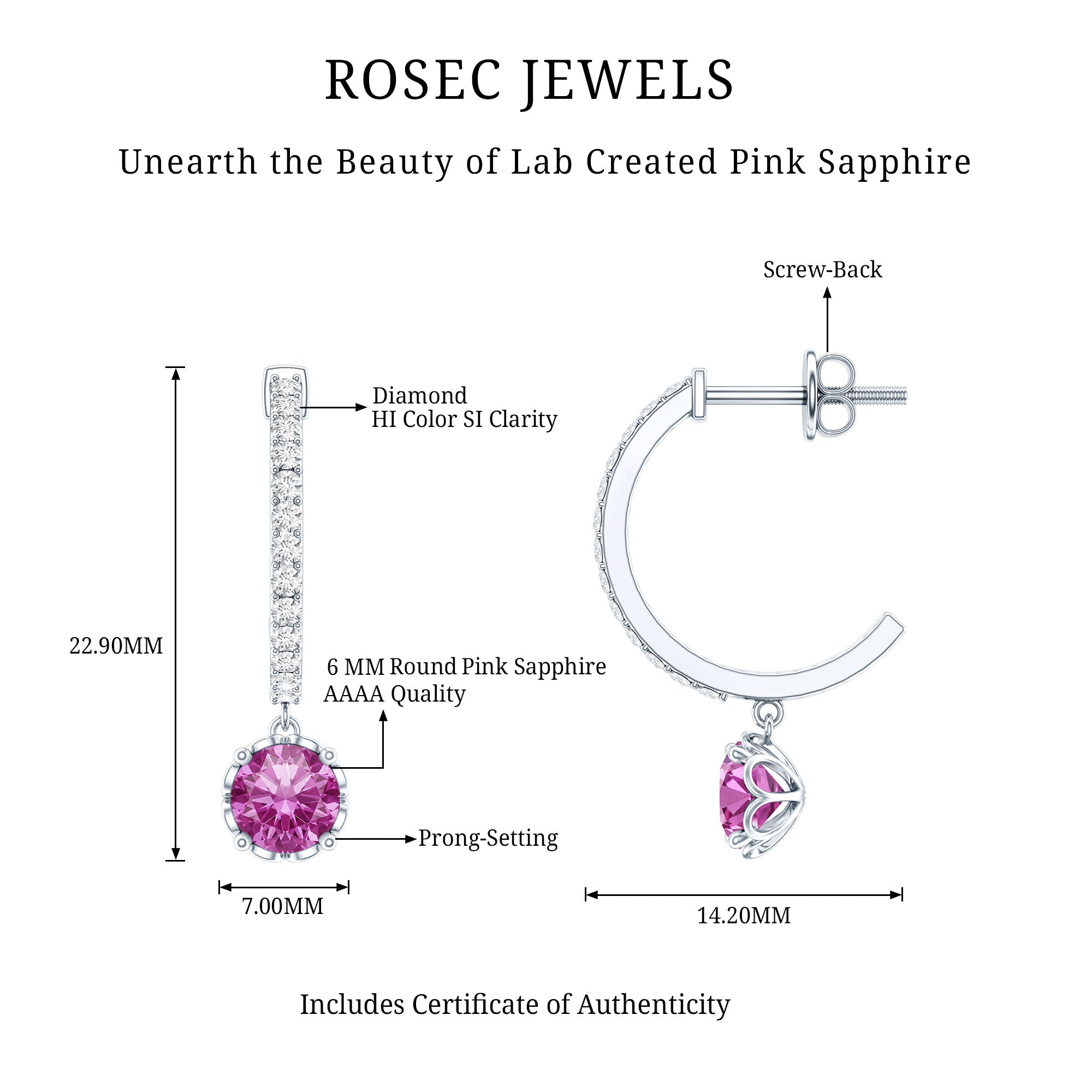 Lab Created Pink Sapphire and Diamond Hoop Drop Earrings AAAA - Rosec Jewels