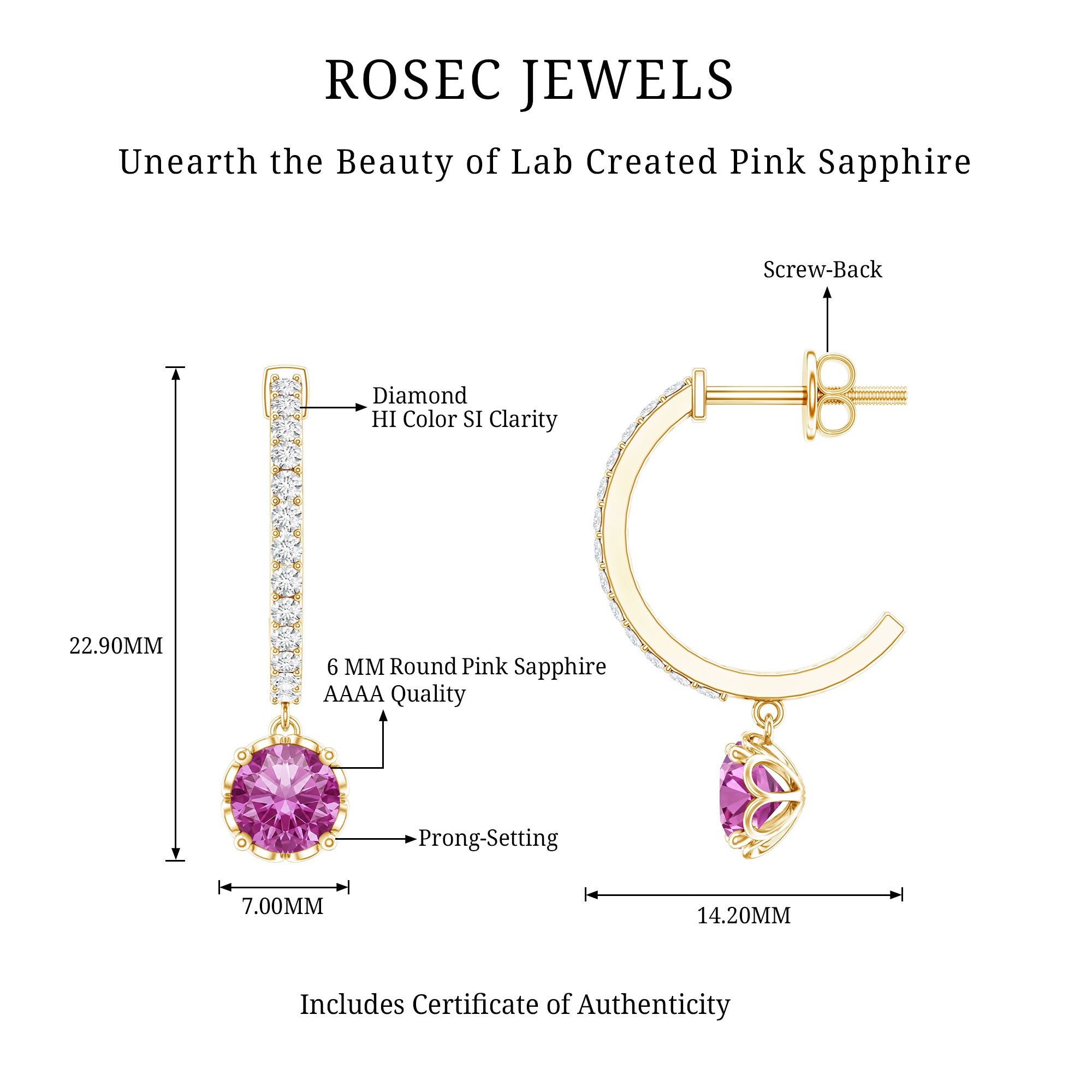 Lab Created Pink Sapphire and Diamond Hoop Drop Earrings AAAA - Rosec Jewels