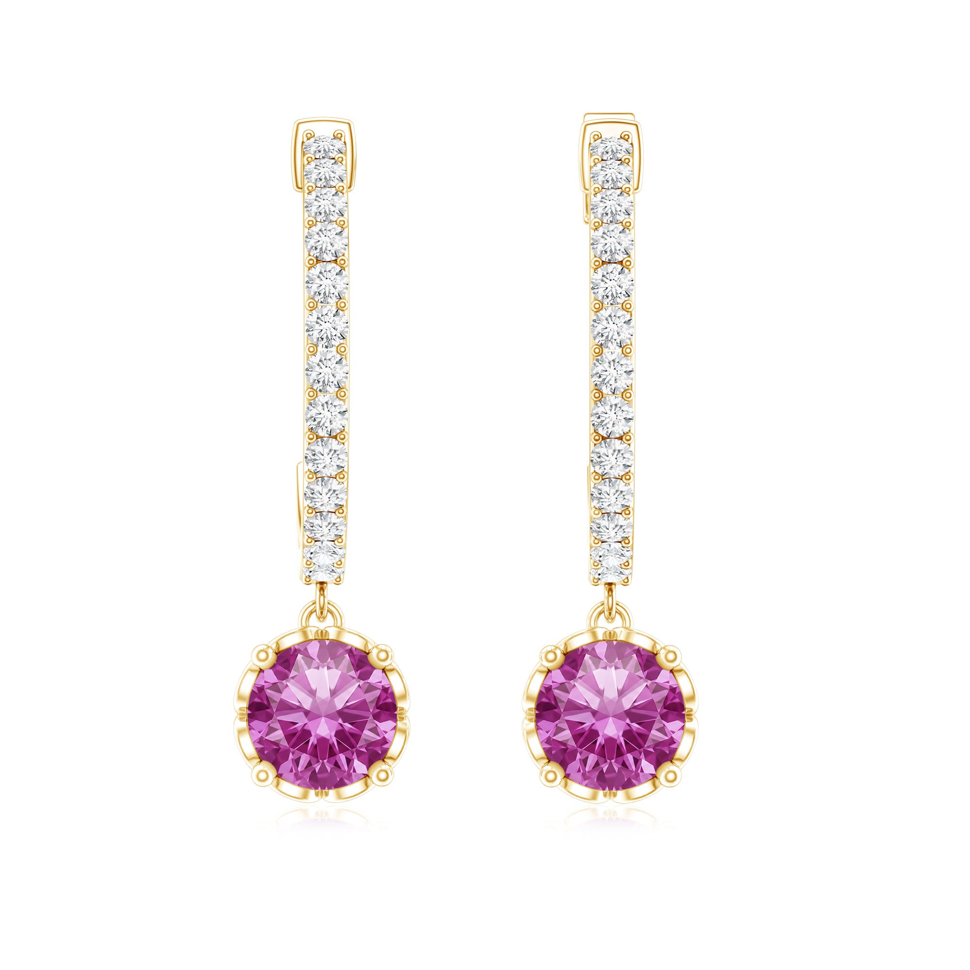 Lab Created Pink Sapphire and Diamond Hoop Drop Earrings AAAA - Rosec Jewels