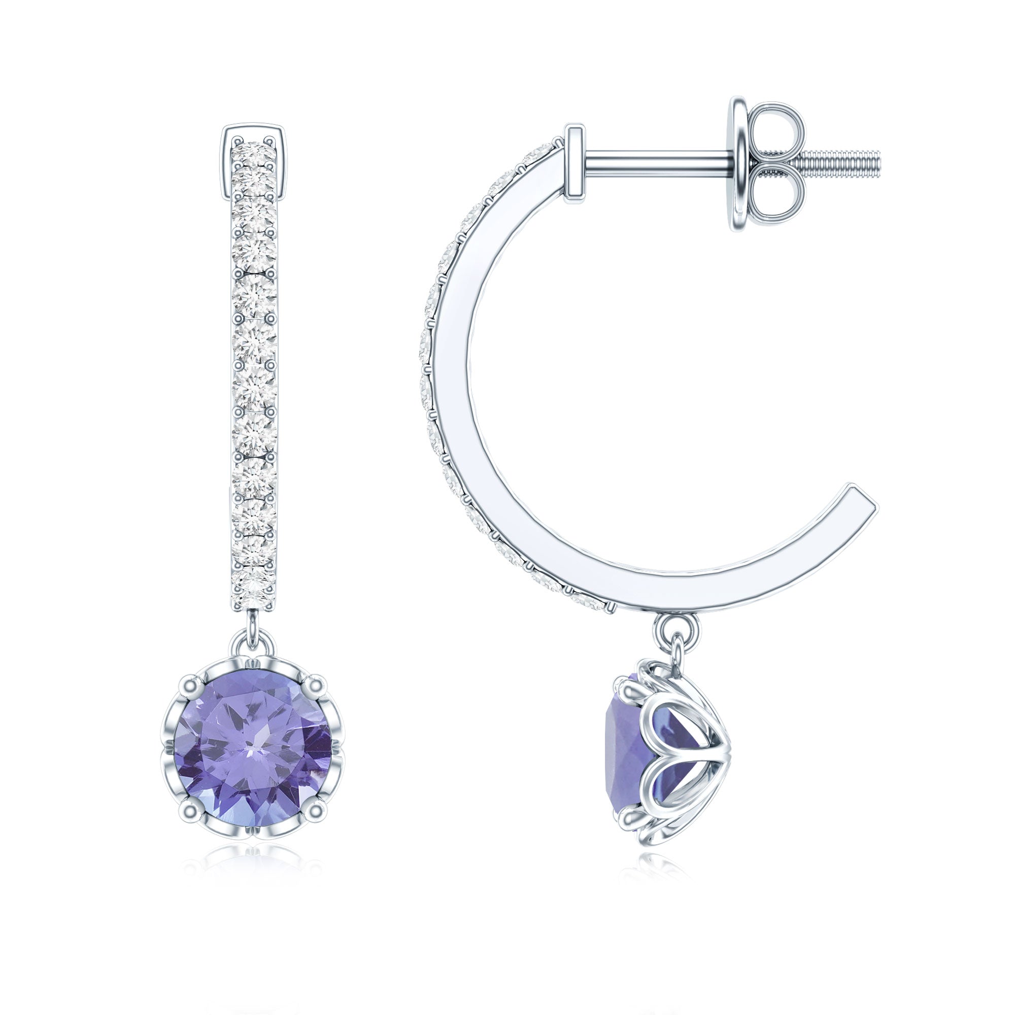 Natural 1 Carat Tanzanite Drop Hoop Earrings with Diamond AAA - Rosec Jewels