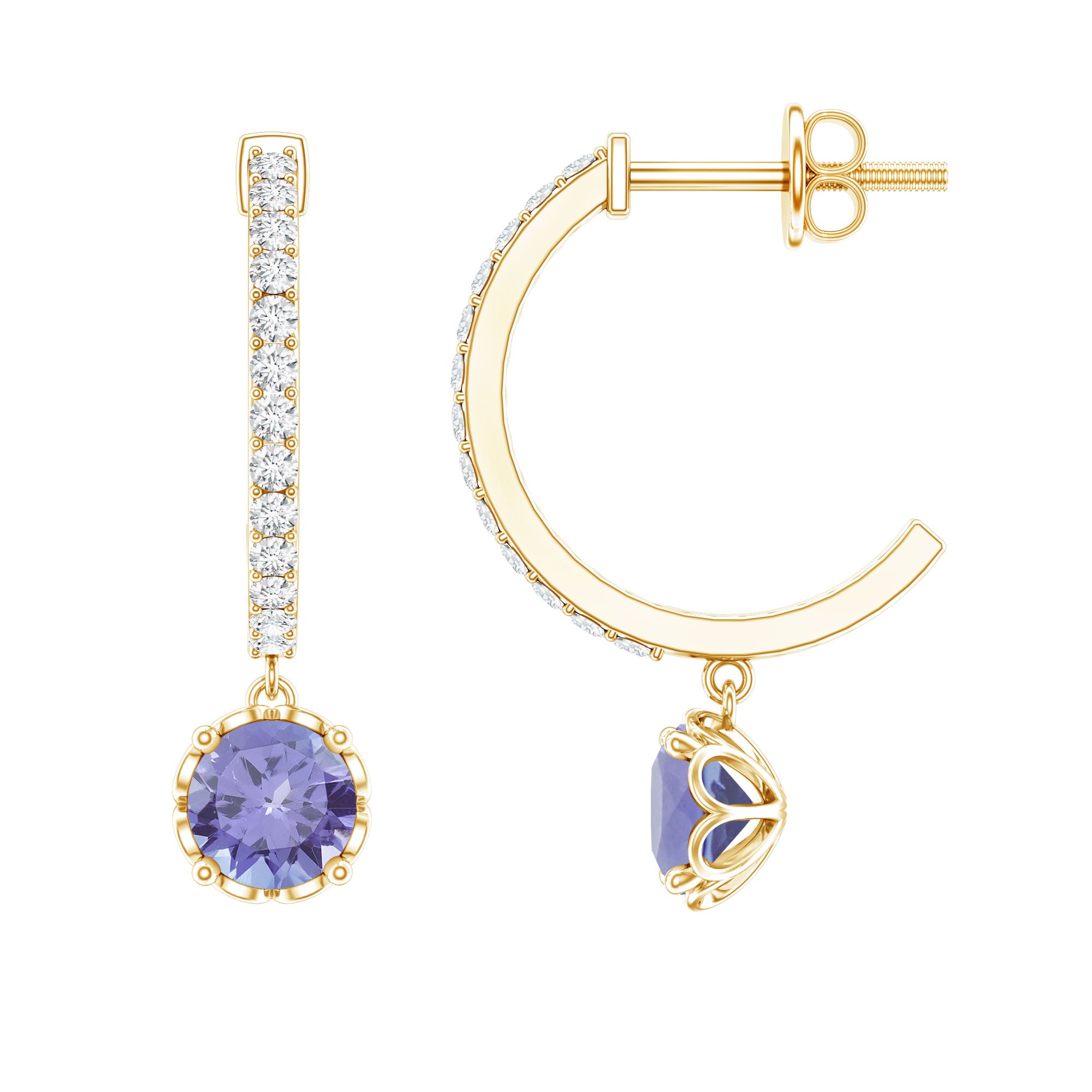 Natural 1 Carat Tanzanite Drop Hoop Earrings with Diamond AAA - Rosec Jewels