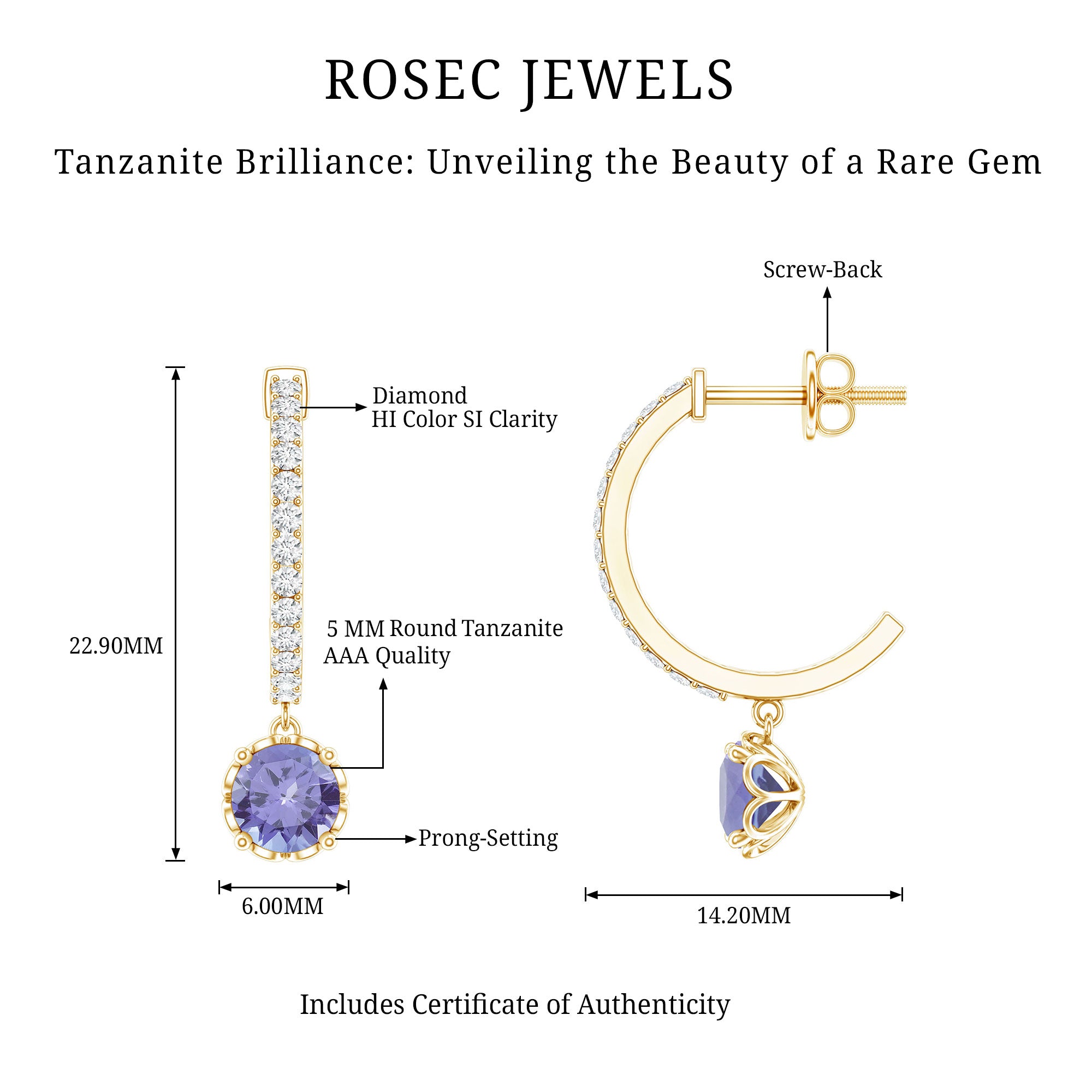 Natural 1 Carat Tanzanite Drop Hoop Earrings with Diamond AAA - Rosec Jewels