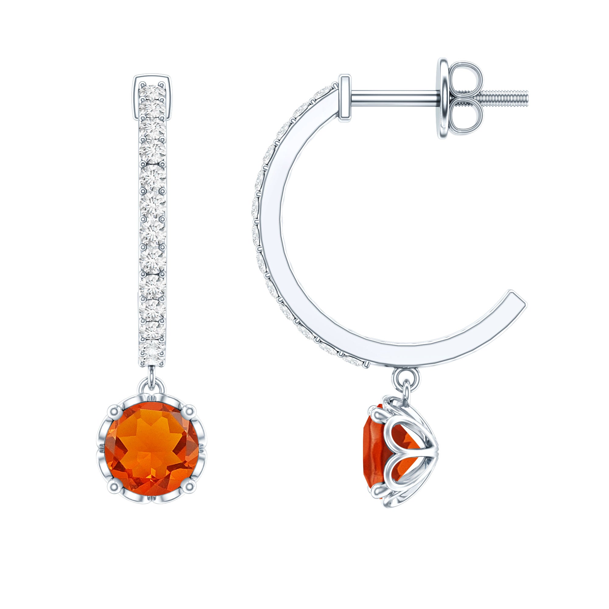 Certified Real Fire Opal Drop Hoop Earrings with Diamond AAA - Rosec Jewels