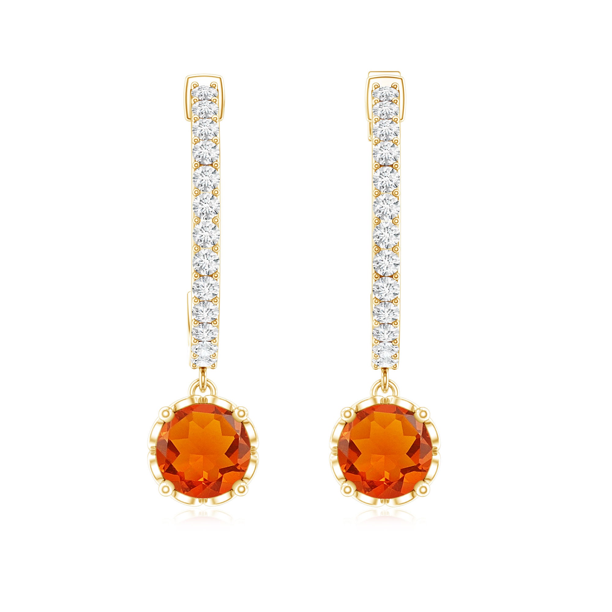 Certified Real Fire Opal Drop Hoop Earrings with Diamond AAA - Rosec Jewels