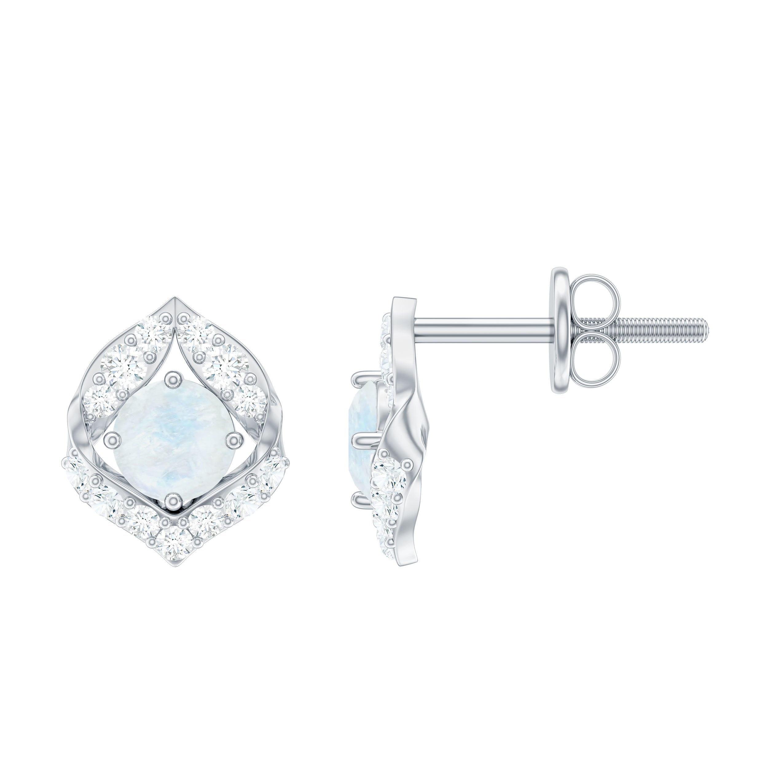 Dainty Moonstone and Diamond Petal Stud Earrings