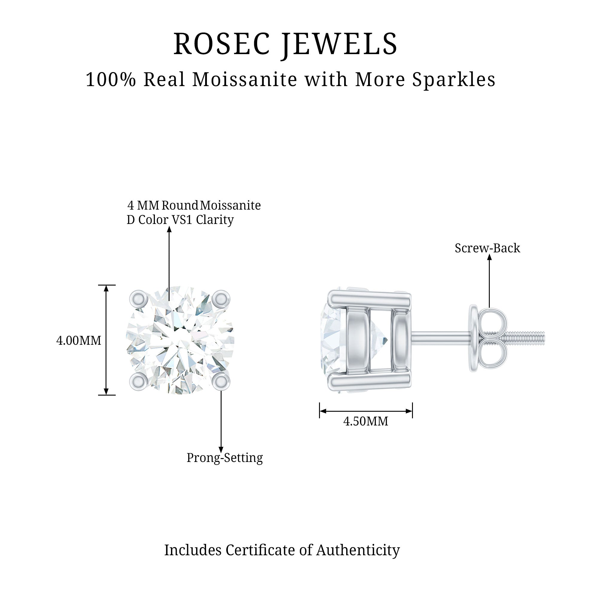 Certified Lab Grown Diamond 4 Prong Stud Earrings Lab - ( EF-VS ) - Rosec Jewels