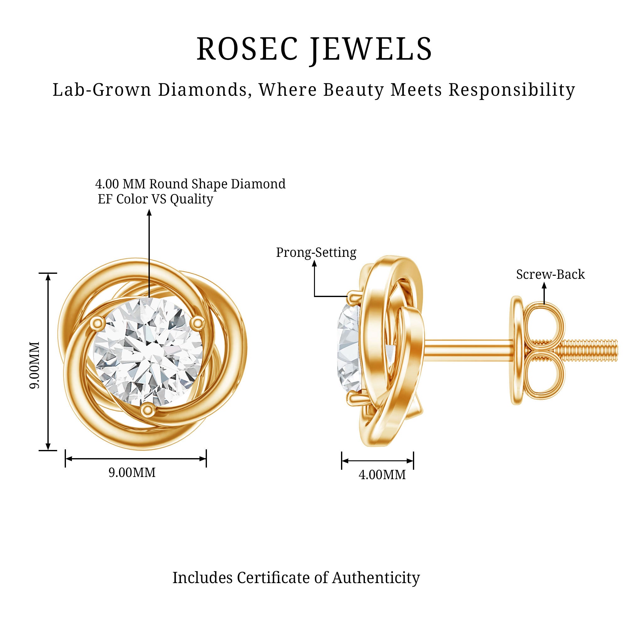 Certified Lab Grown Diamond Swirl Earrings With Screw Back Lab - ( EF-VS ) - Rosec Jewels