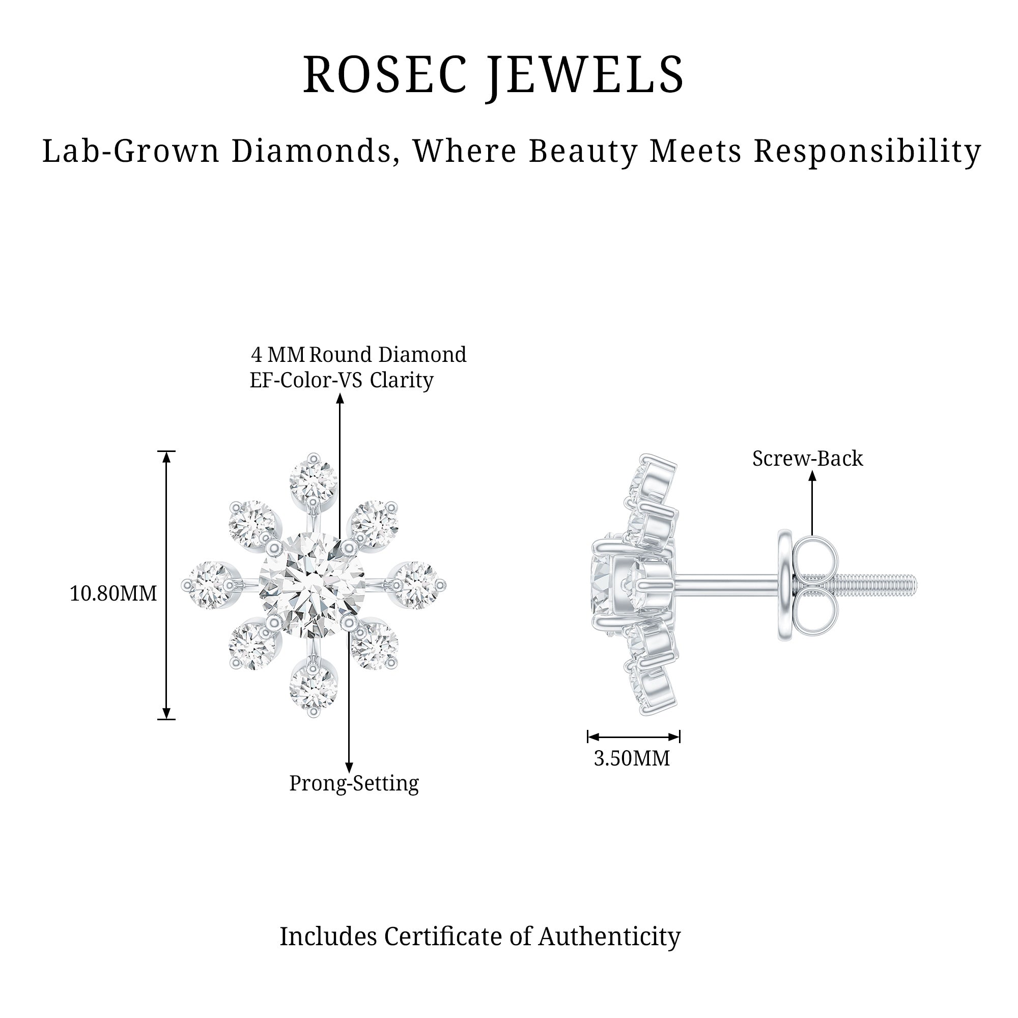 Certified Lab Grown Diamond Snowflake Stud Earrings Lab - ( EF-VS ) - Rosec Jewels