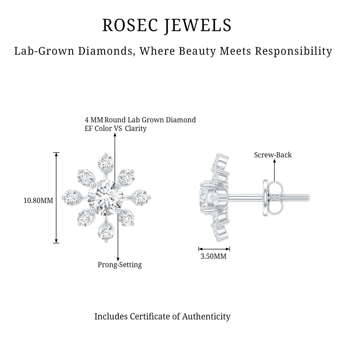 Certified Lab Grown Diamond Snowflake Stud Earrings Lab - ( EF-VS ) - Rosec Jewels
