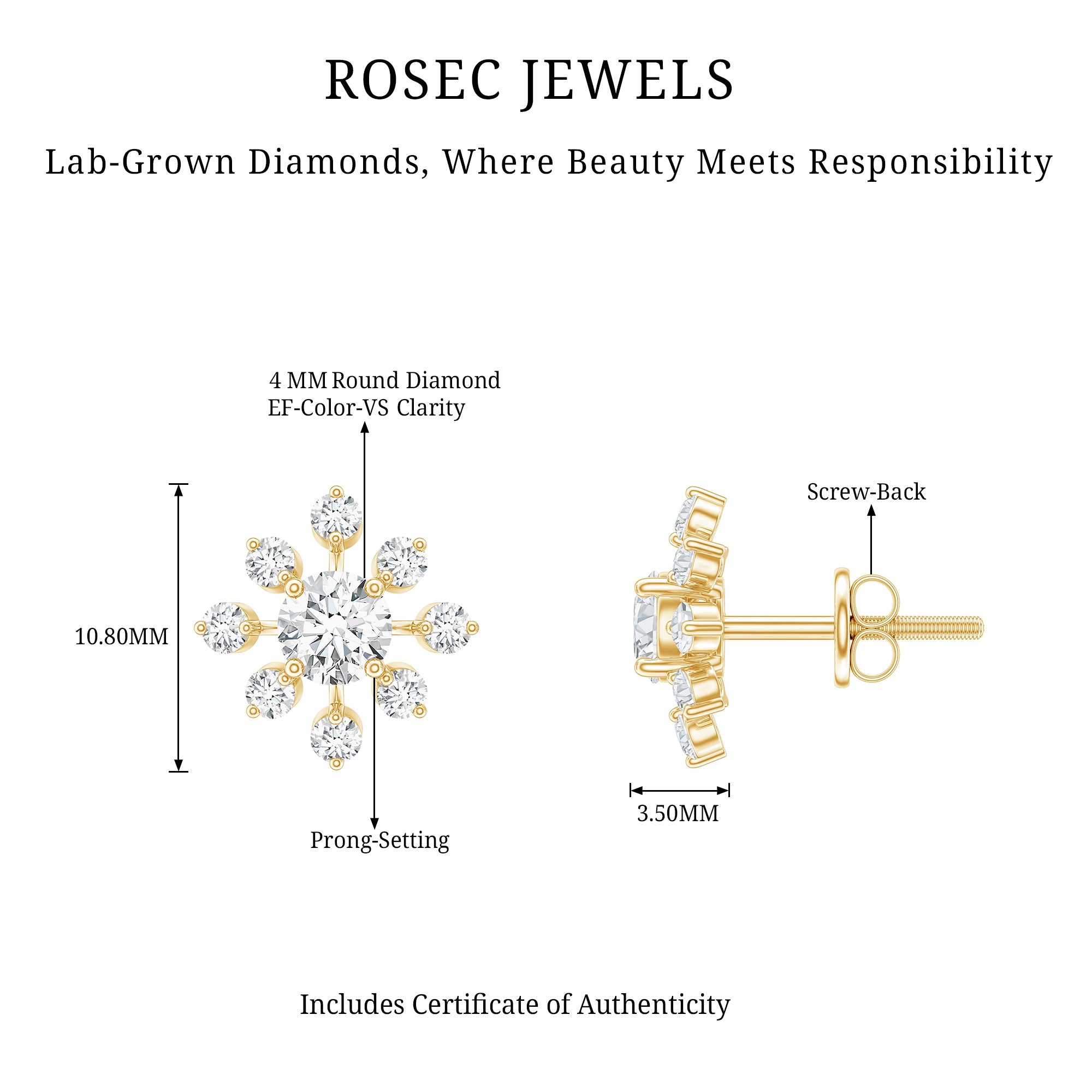 Certified Lab Grown Diamond Snowflake Stud Earrings Lab - ( EF-VS ) - Rosec Jewels