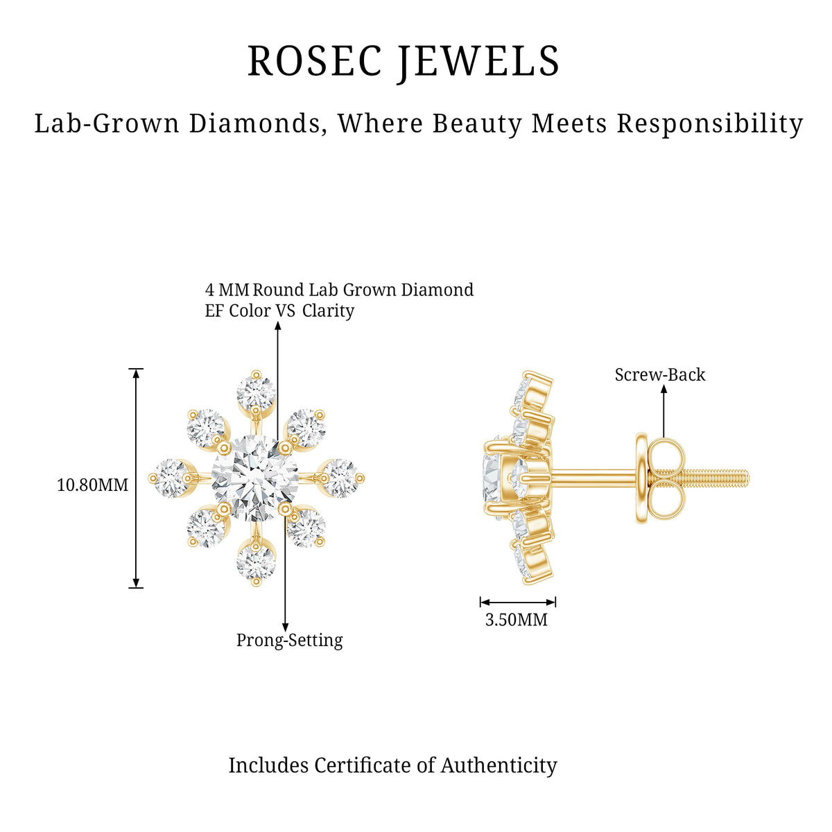 Certified Lab Grown Diamond Snowflake Stud Earrings Lab - ( EF-VS ) - Rosec Jewels
