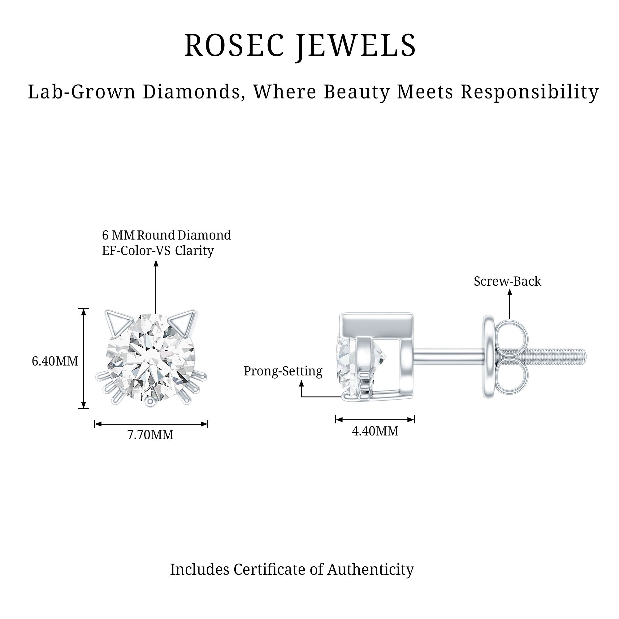 Certified 6MM Lab Grown Diamond Cute Cat Earrings Lab - ( EF-VS ) - Rosec Jewels