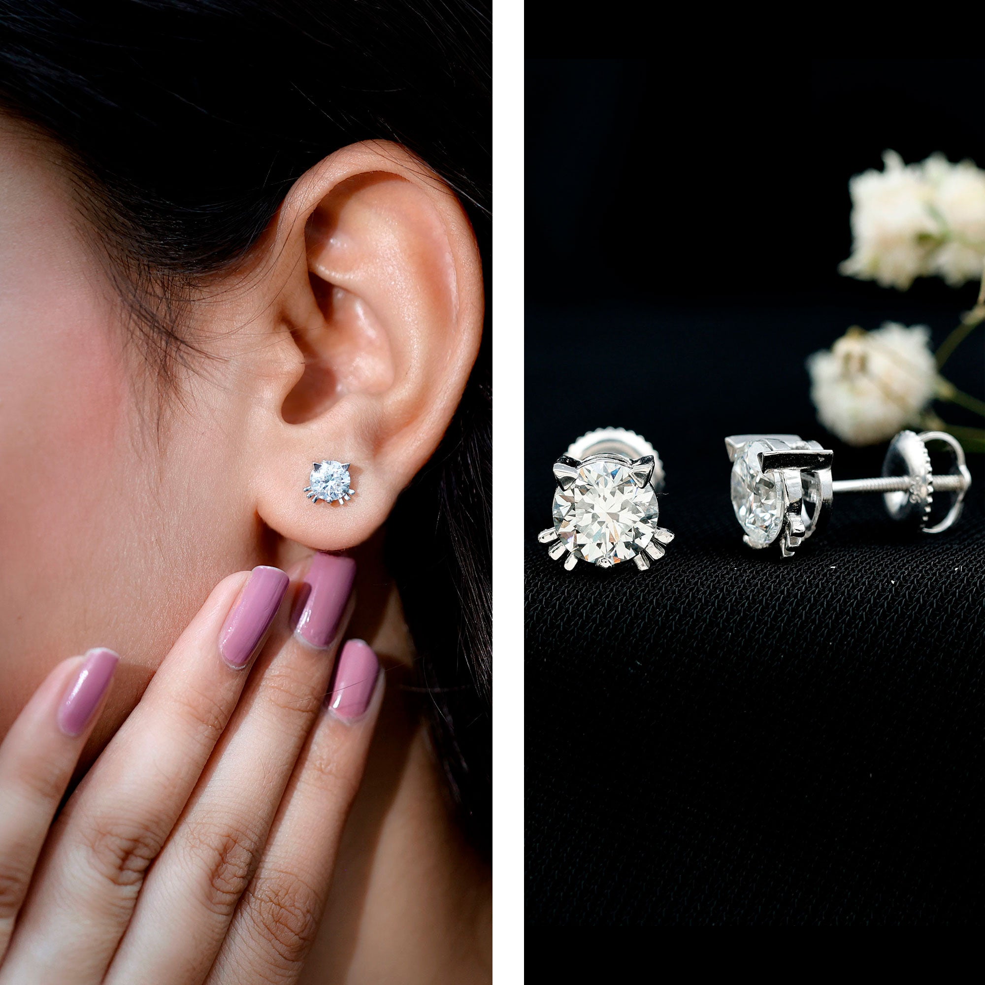Certified 6MM Lab Grown Diamond Cute Cat Earrings Lab - ( EF-VS ) - Rosec Jewels