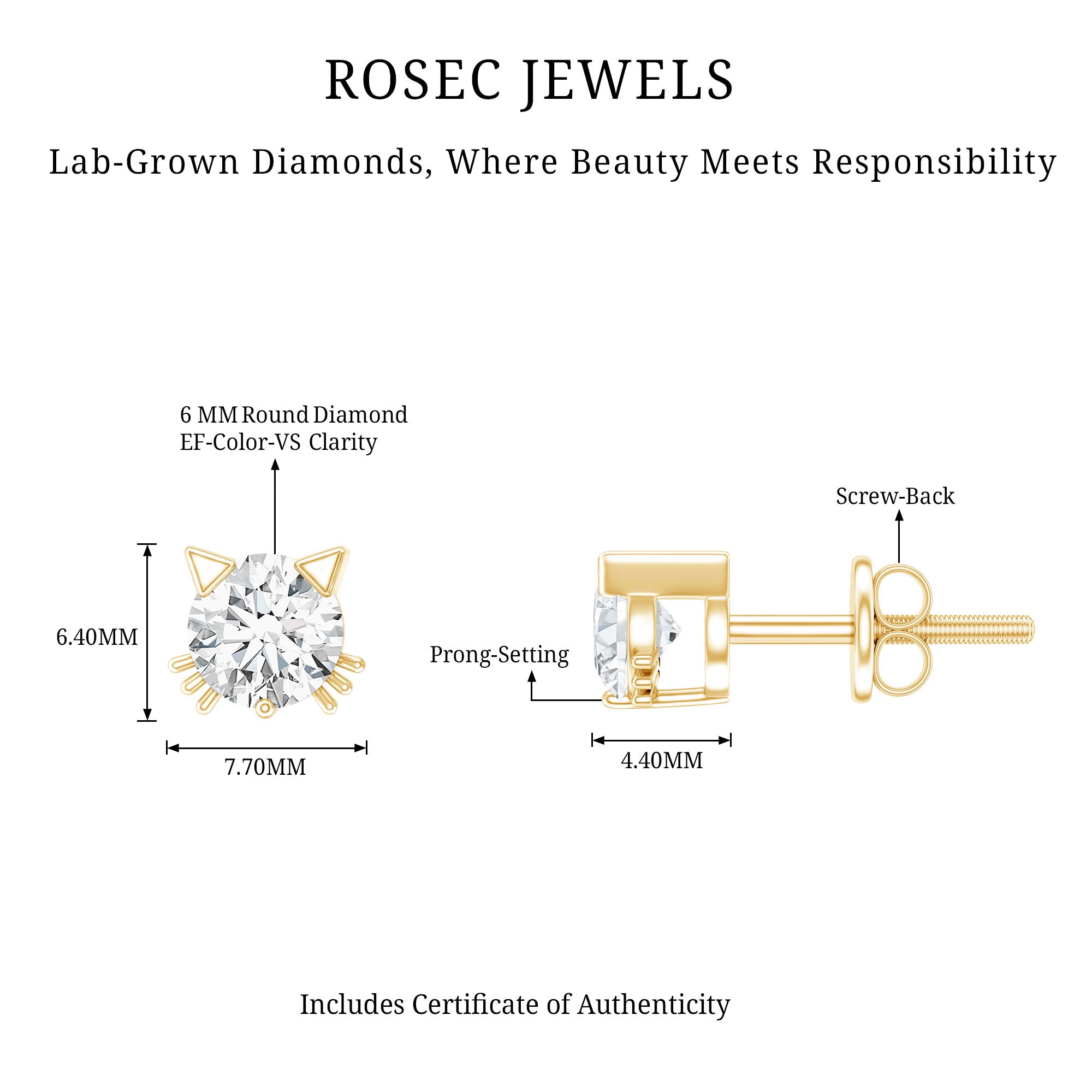 Certified 6MM Lab Grown Diamond Cute Cat Earrings Lab - ( EF-VS ) - Rosec Jewels