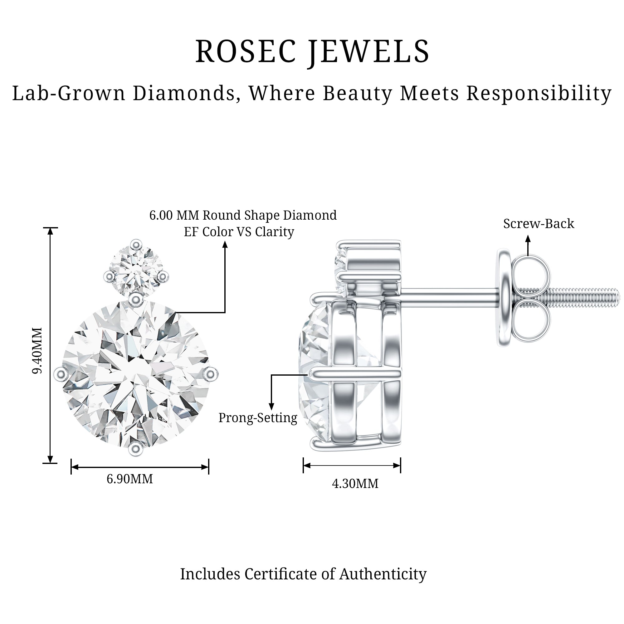 Lab 6 MM Round Diamond Solitaire Stud Earrings Lab - ( EF-VS ) - Rosec Jewels