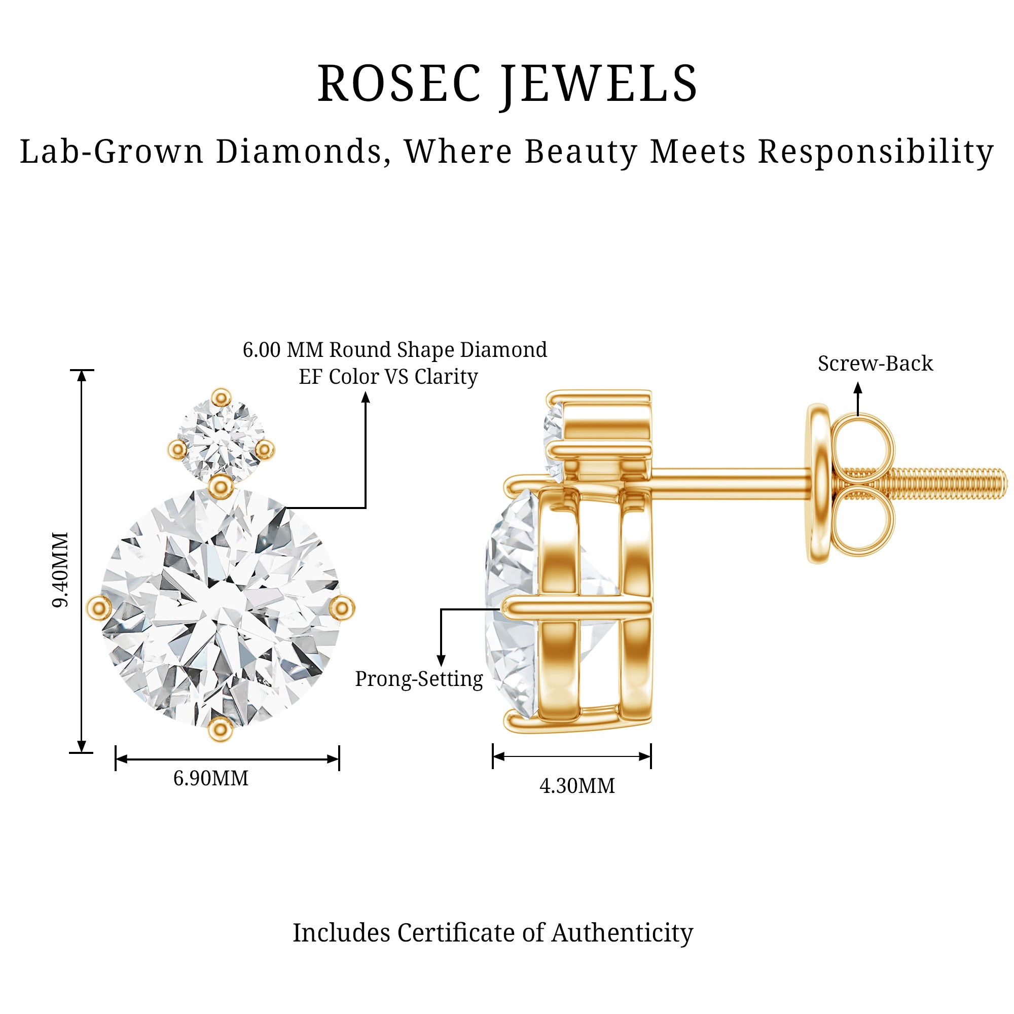 Lab 6 MM Round Diamond Solitaire Stud Earrings Lab - ( EF-VS ) - Rosec Jewels
