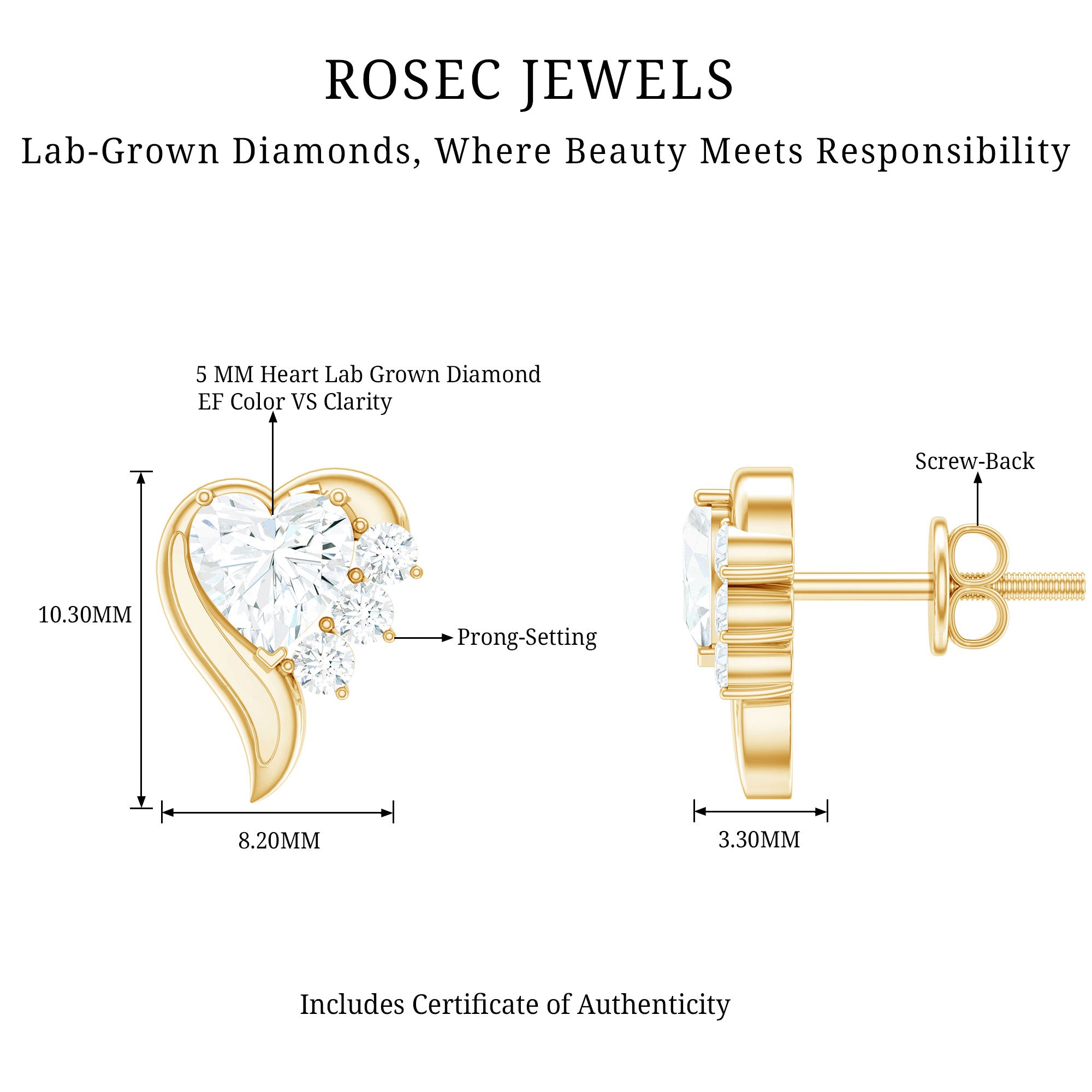 Heart Shape Lab Grown Diamond Minimal Stud Earrings with Screw Back Lab - ( EF-VS ) - Rosec Jewels