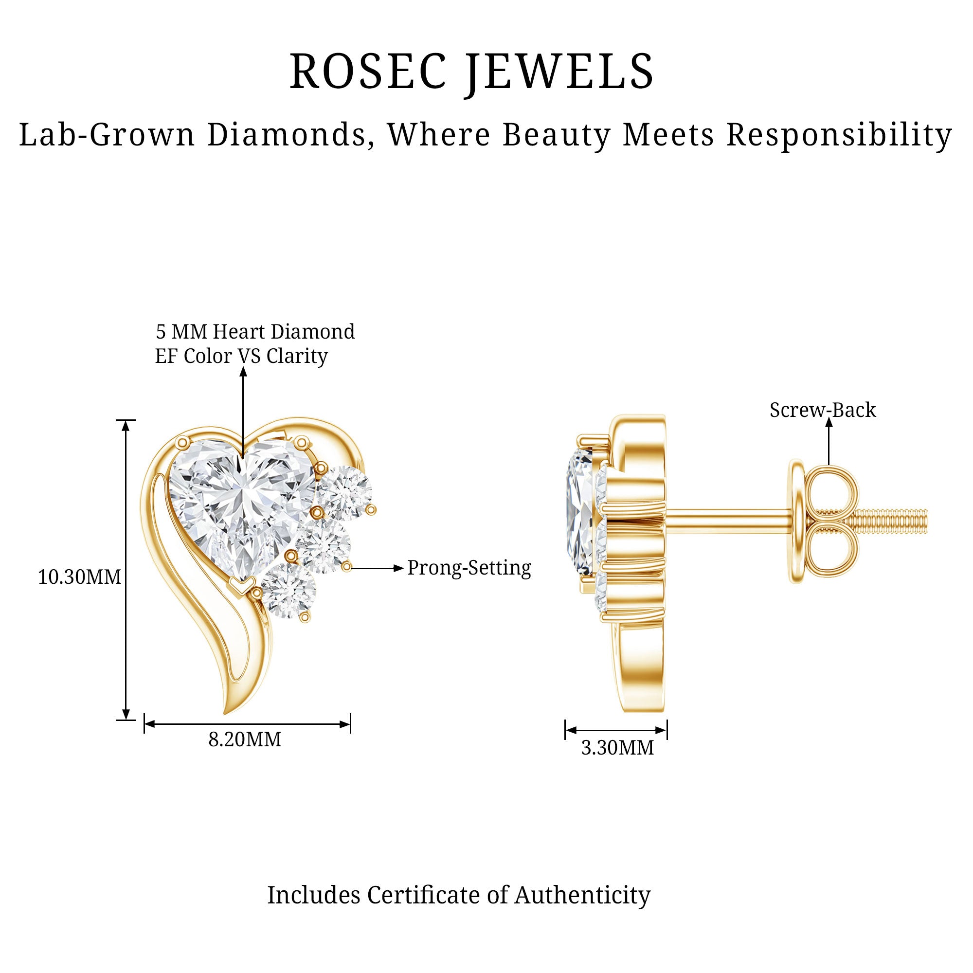Heart Shape Lab Grown Diamond Minimal Stud Earrings with Screw Back Lab - ( EF-VS ) - Rosec Jewels