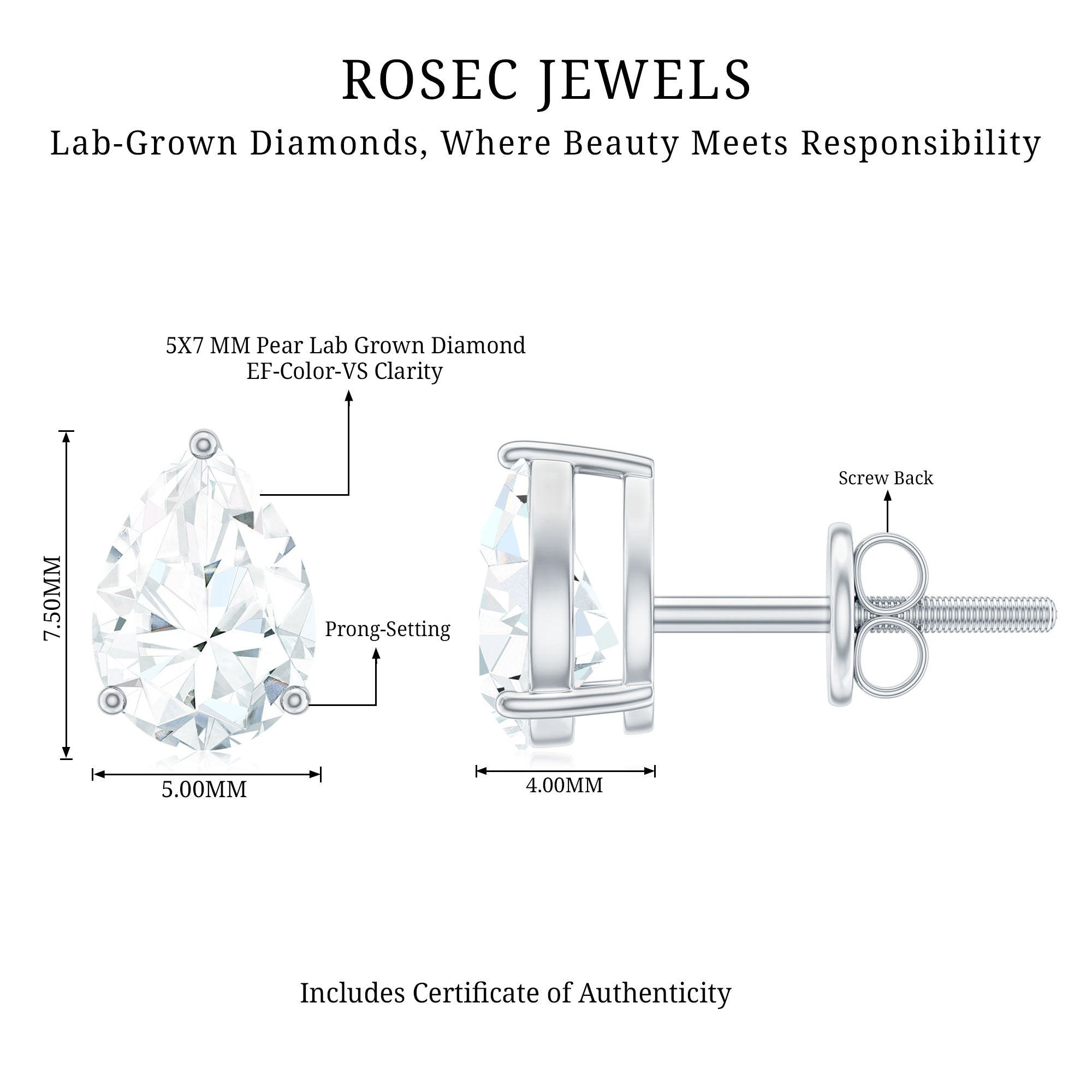 Pear Shape Lab Grown Diamond Solitaire Stud Earrings Lab - ( EF-VS ) - Rosec Jewels