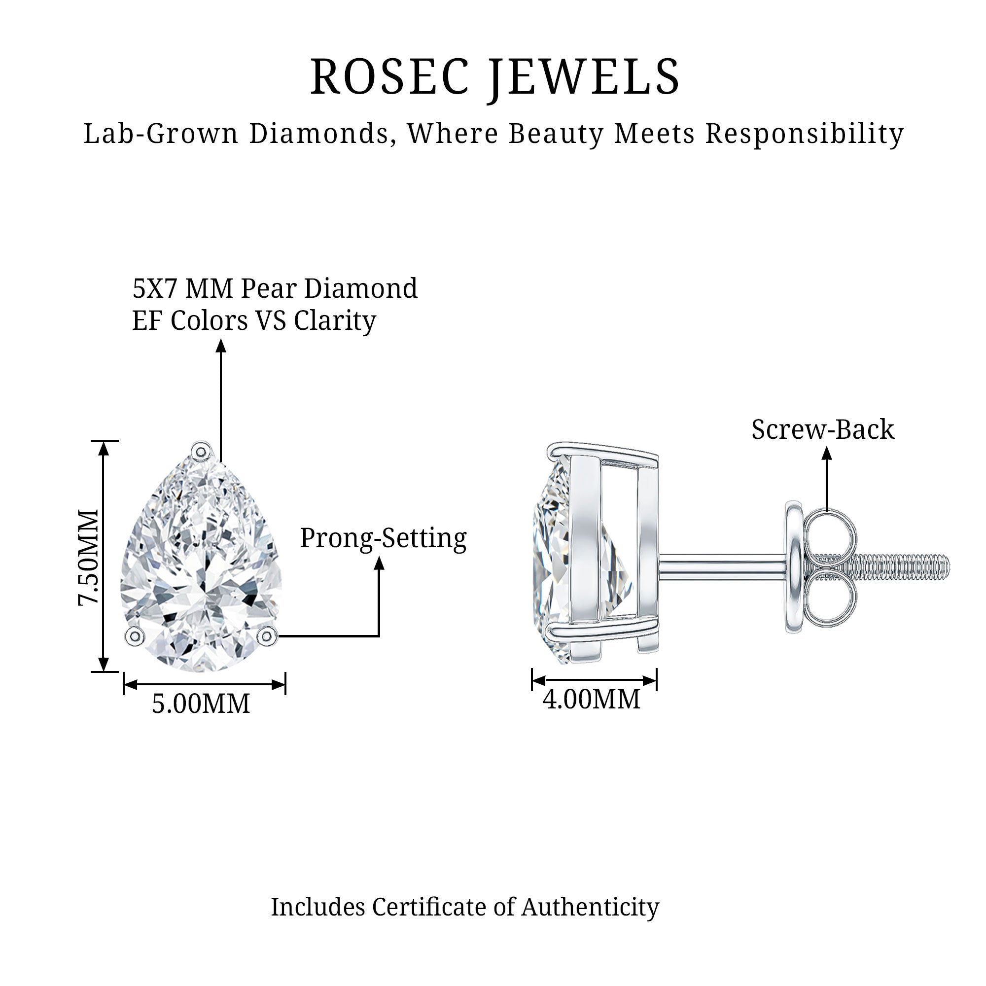 Pear Shape Lab Grown Diamond Solitaire Stud Earrings Lab - ( EF-VS ) - Rosec Jewels