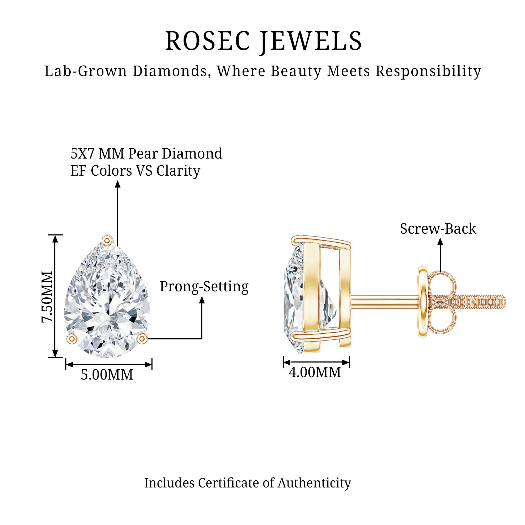 Pear Shape Lab Grown Diamond Solitaire Stud Earrings Lab - ( EF-VS ) - Rosec Jewels