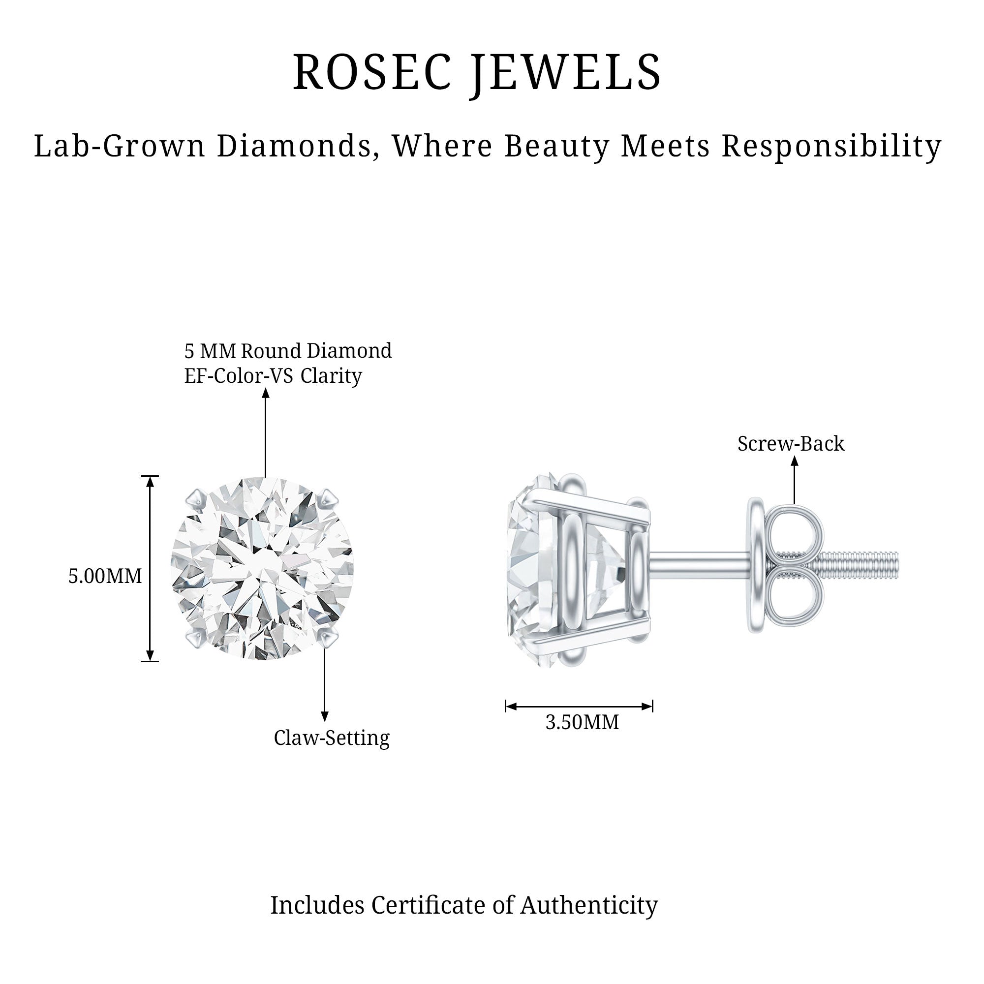 Lab Grown Diamond Solitaire Stud Earrings with Screw Back Lab - ( EF-VS ) - Rosec Jewels
