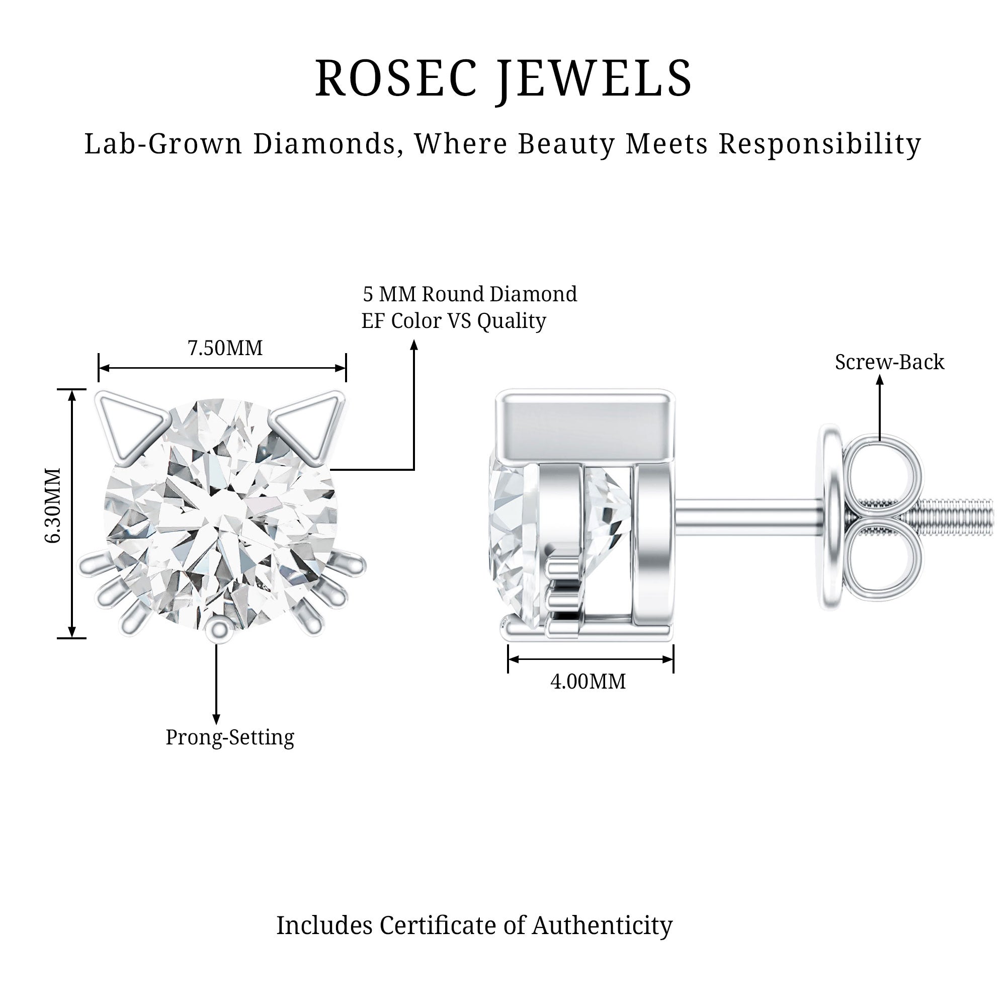 Cute Cat Stud Earrings with Lab Grown Diamond Lab - ( EF-VS ) - Rosec Jewels