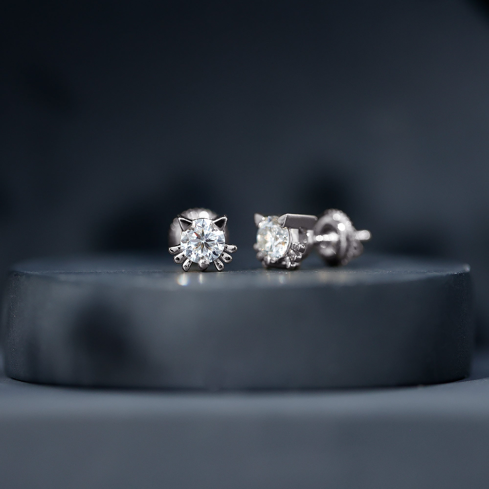 Cute Cat Stud Earrings with Lab Grown Diamond Lab - ( EF-VS ) - Rosec Jewels