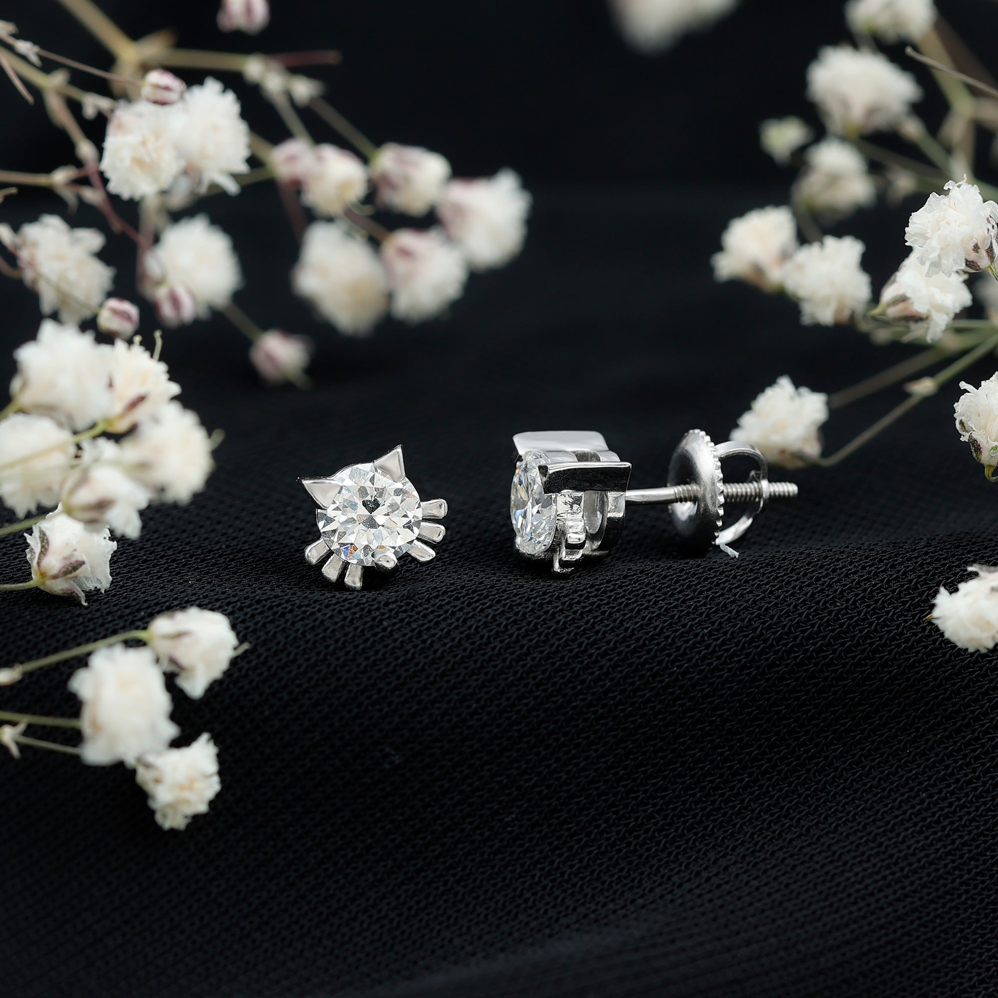 Cute Cat Stud Earrings with Lab Grown Diamond Lab - ( EF-VS ) - Rosec Jewels