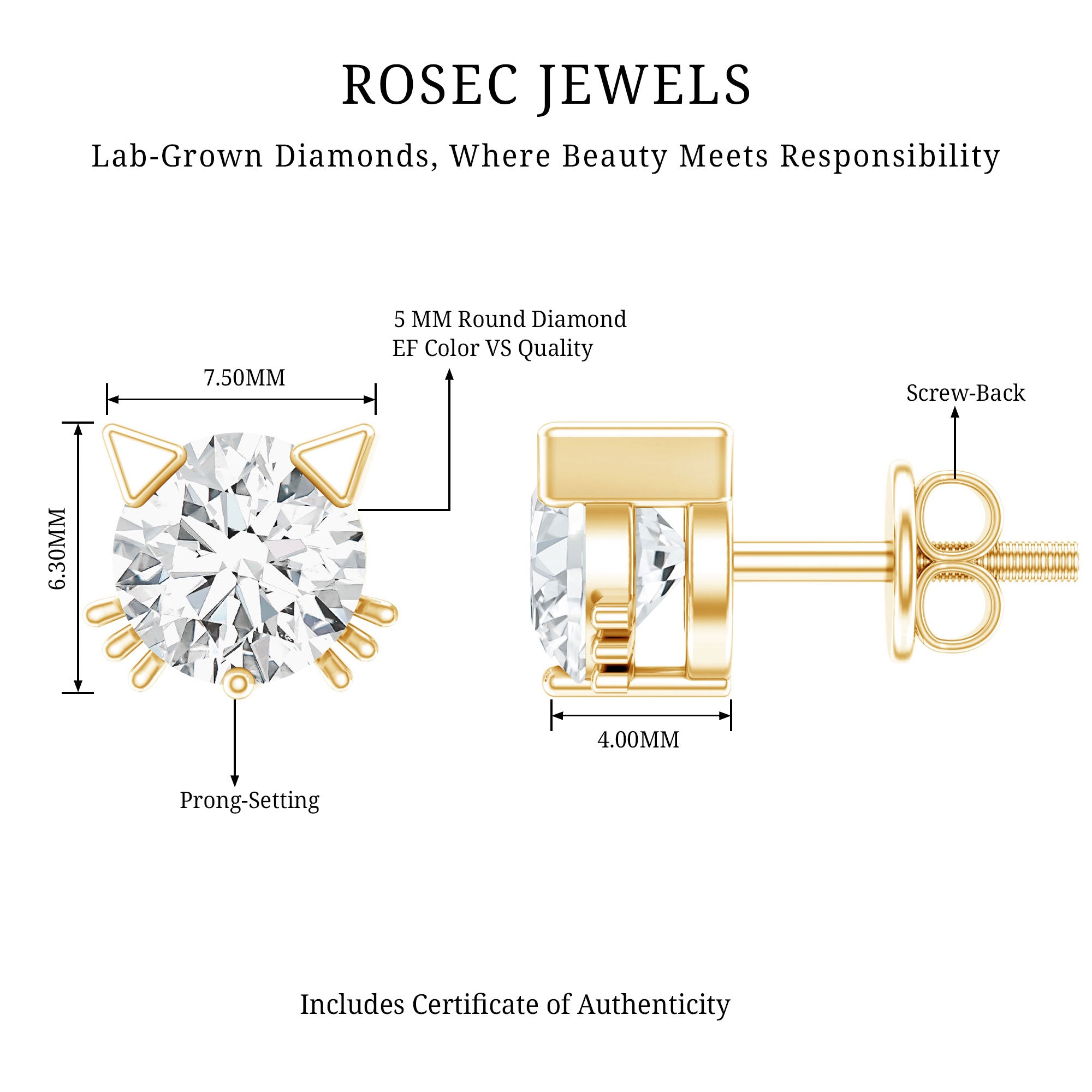 Cute Cat Stud Earrings with Lab Grown Diamond Lab - ( EF-VS ) - Rosec Jewels