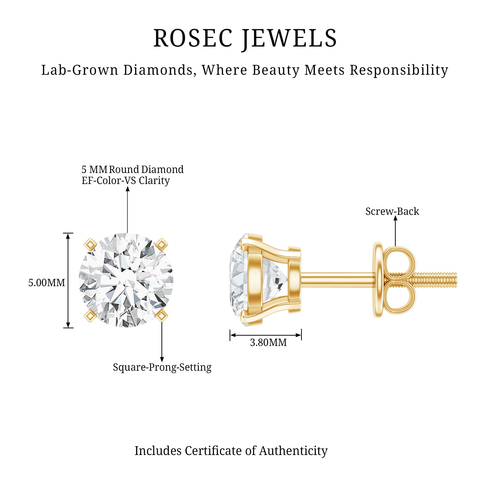 Certified 1 Carat Lab Grown Diamond Stud Earrings with Screw Back Lab - ( EF-VS ) 14K Yellow Gold Plated Silver - Rosec Jewels