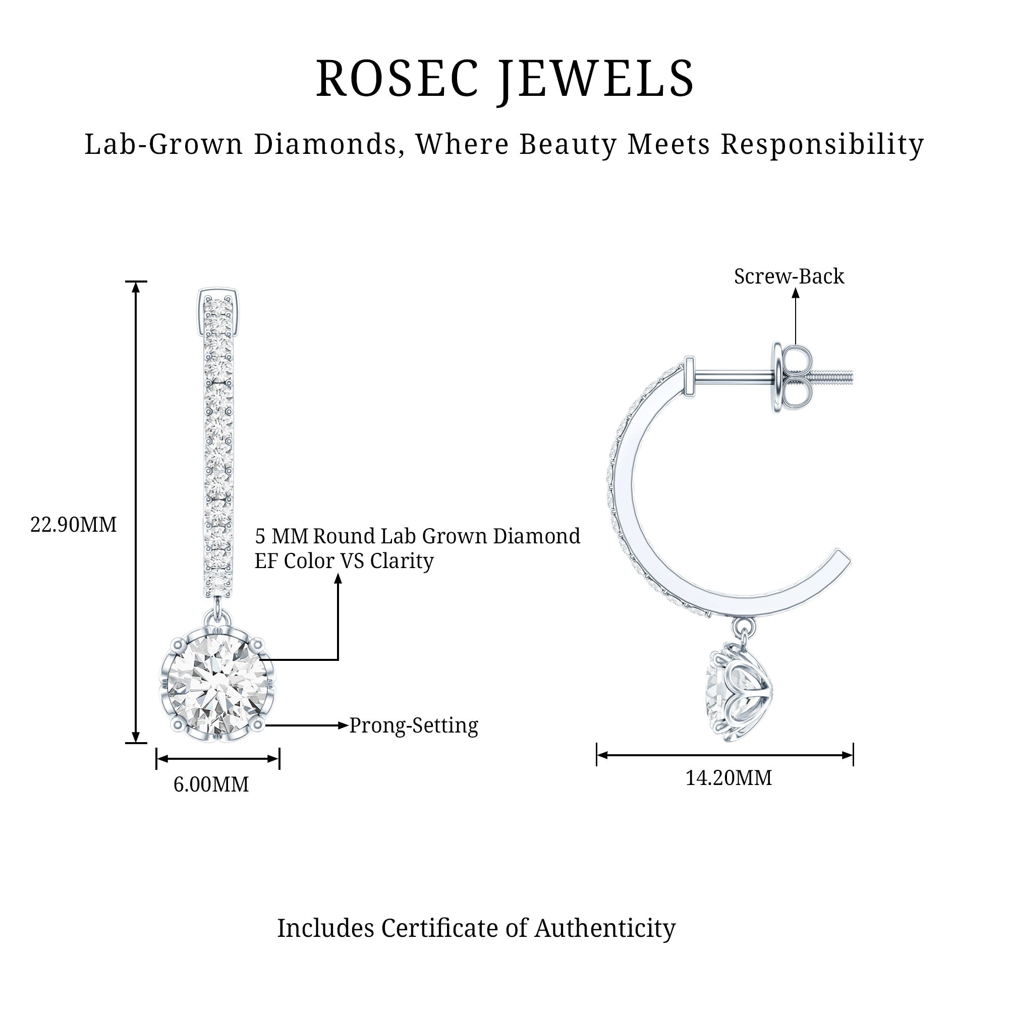Lab Grown Diamond Minimal Hoop Drop Earrings Lab - ( EF-VS ) - Rosec Jewels