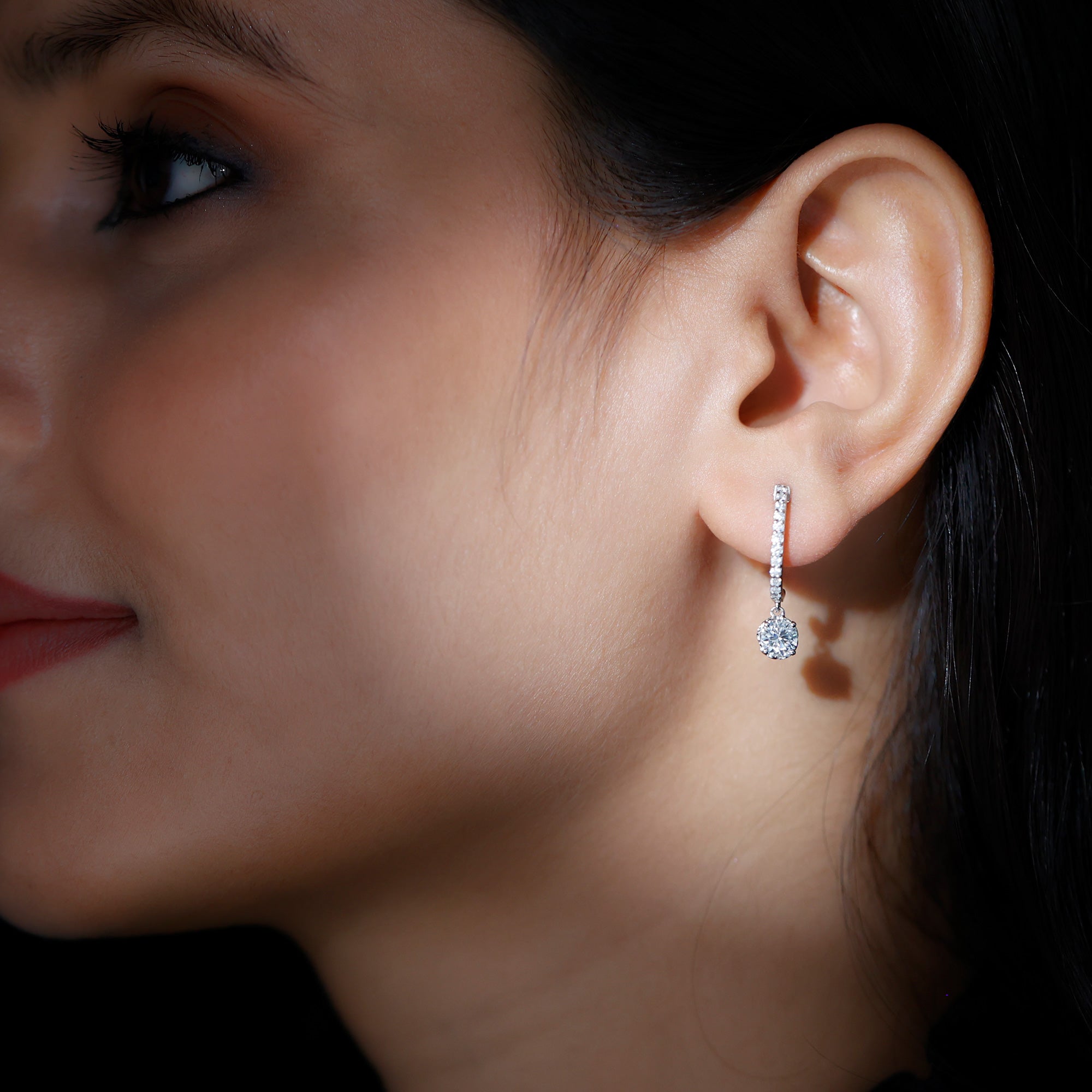 Lab Grown Diamond Minimal Hoop Drop Earrings Lab - ( EF-VS ) - Rosec Jewels