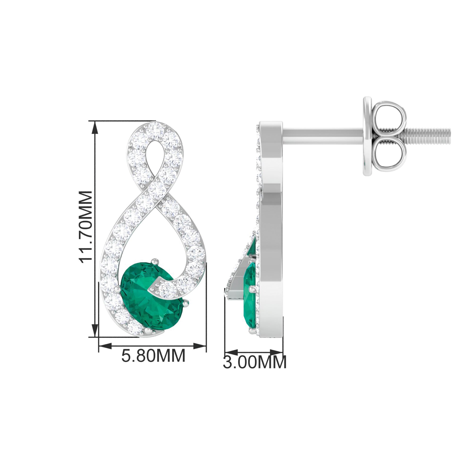 Natural Emerald Diamond Infinity Earrings with Screw Back AAA - Rosec Jewels